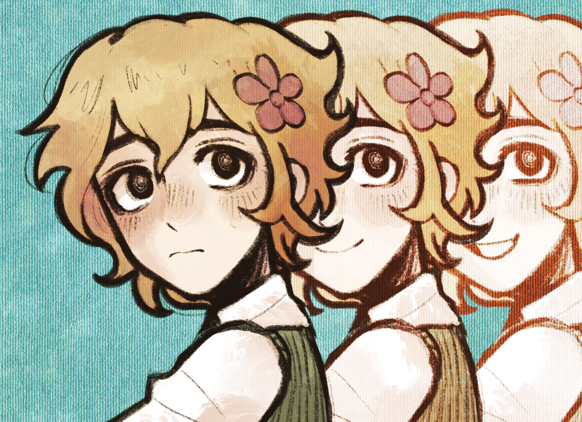 ottie pops, basil (faraway) (omori), basil (omori), omori, highres, 1boy, alternate eye color, black eyes, blonde hair, blue background, blush, closed mouth, collared shirt, double-parted bangs, flower, green sweater vest, hair between eyes, hair flower, hair ornament, looking at viewer, male focus, open mouth, shirt, short hair, simple background, smile, solo, sweater vest, white shirt