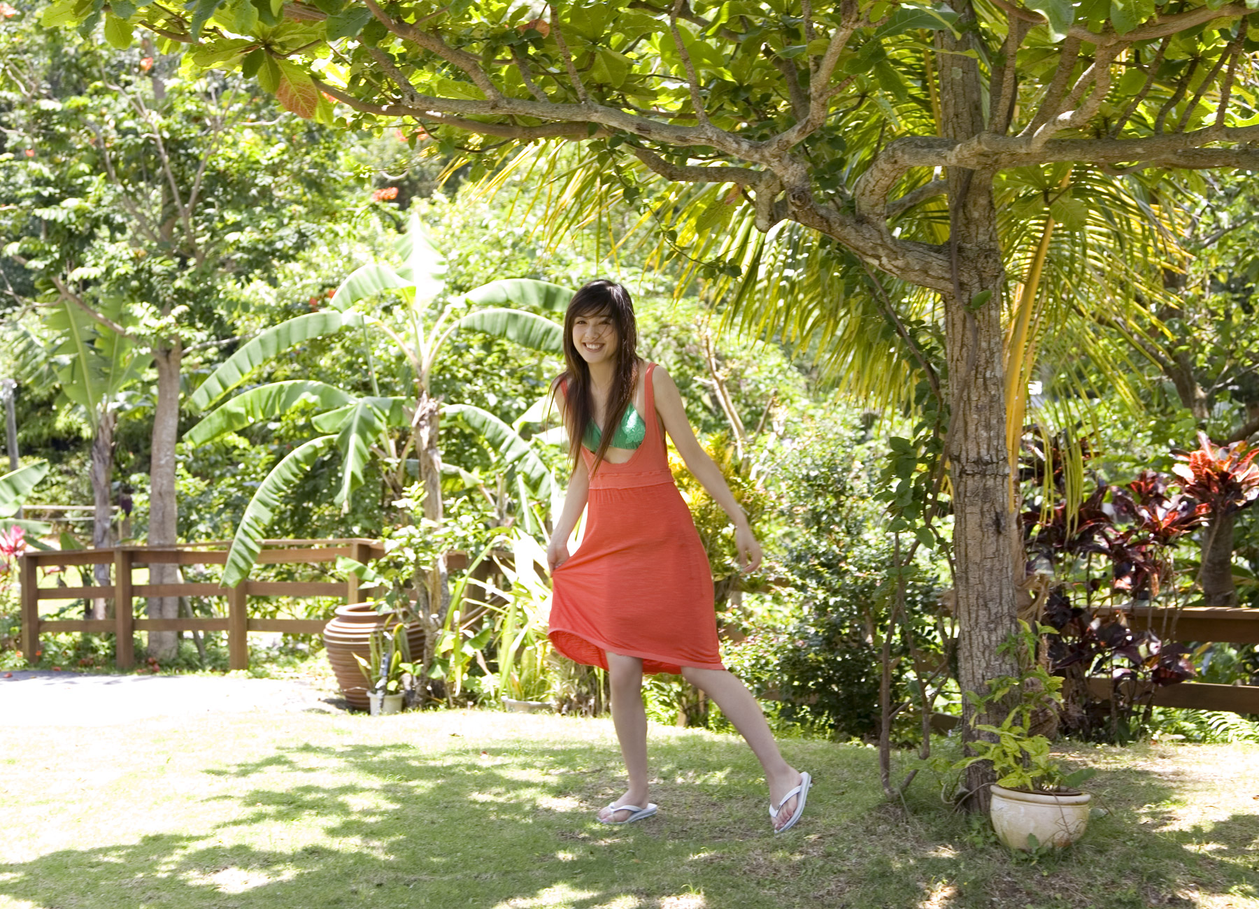 rola chung, highres, photo (medium), bikini, dress, flip-flops, sandals, swimsuit