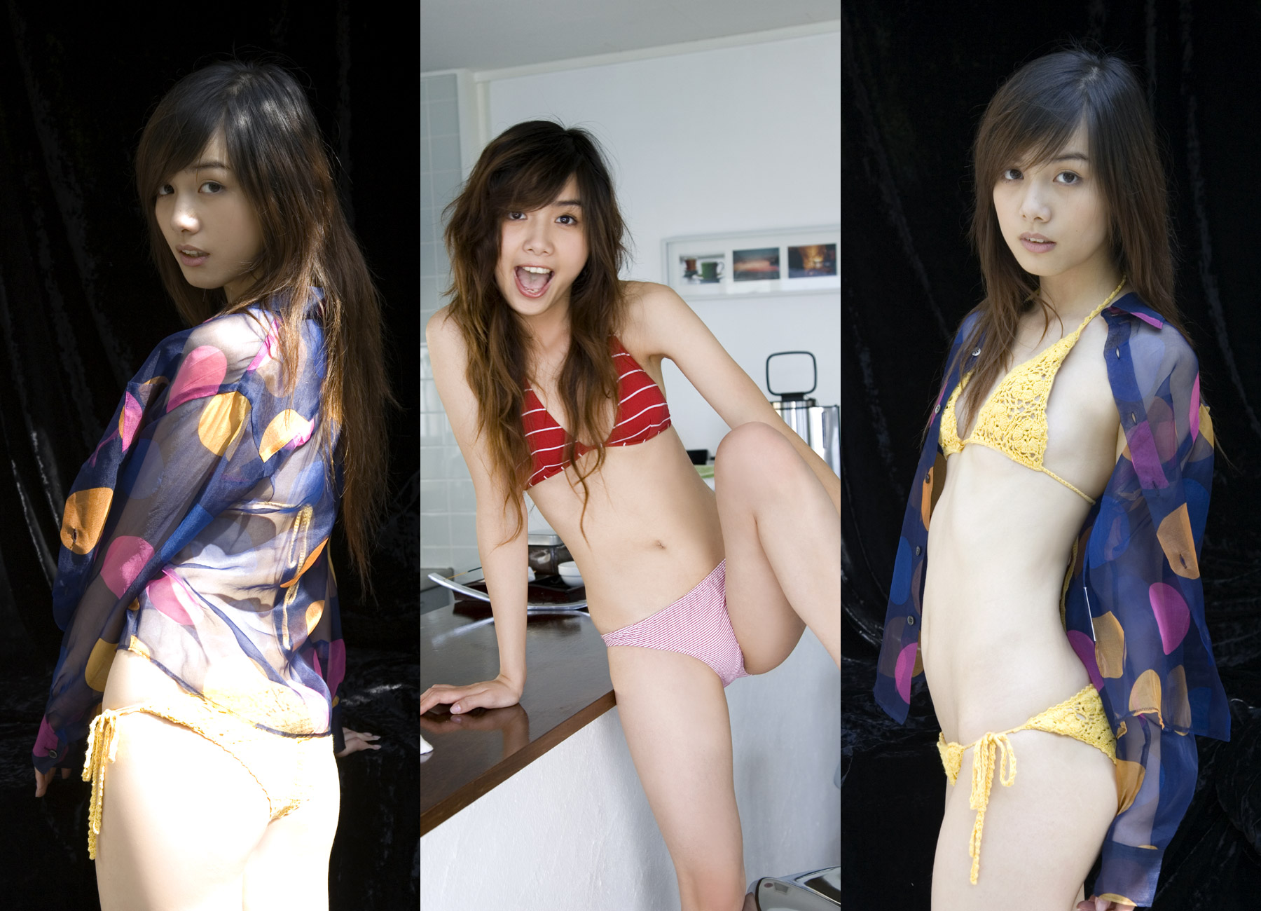 rola chung, striped, highres, photo (medium), bikini, open clothes, open shirt, shirt, side-tie bikini bottom, swimsuit