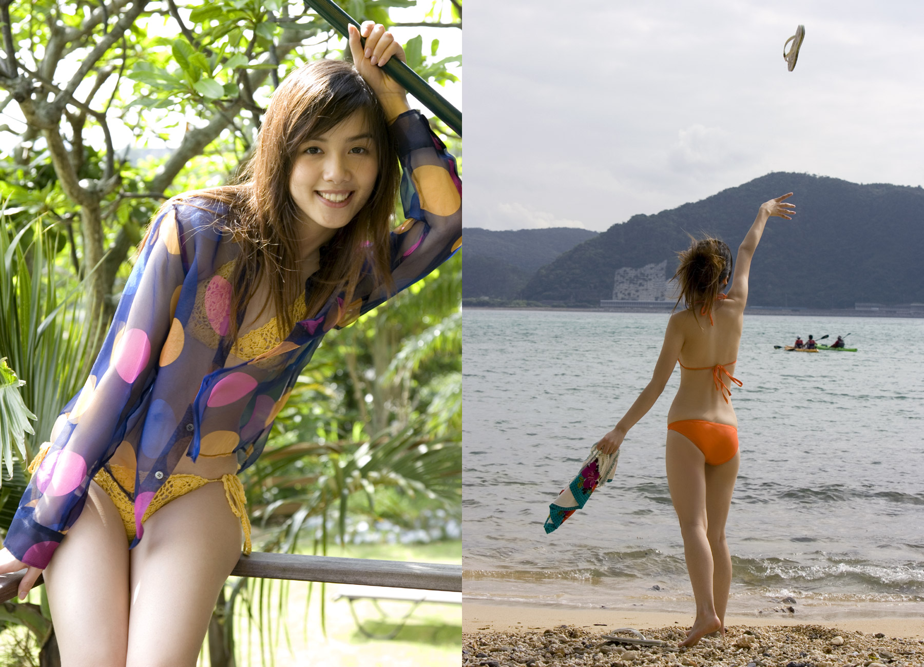 rola chung, highres, photo (medium), tagme, bikini, flip-flops, open clothes, open shirt, sandals, shirt, side-tie bikini bottom, swimsuit