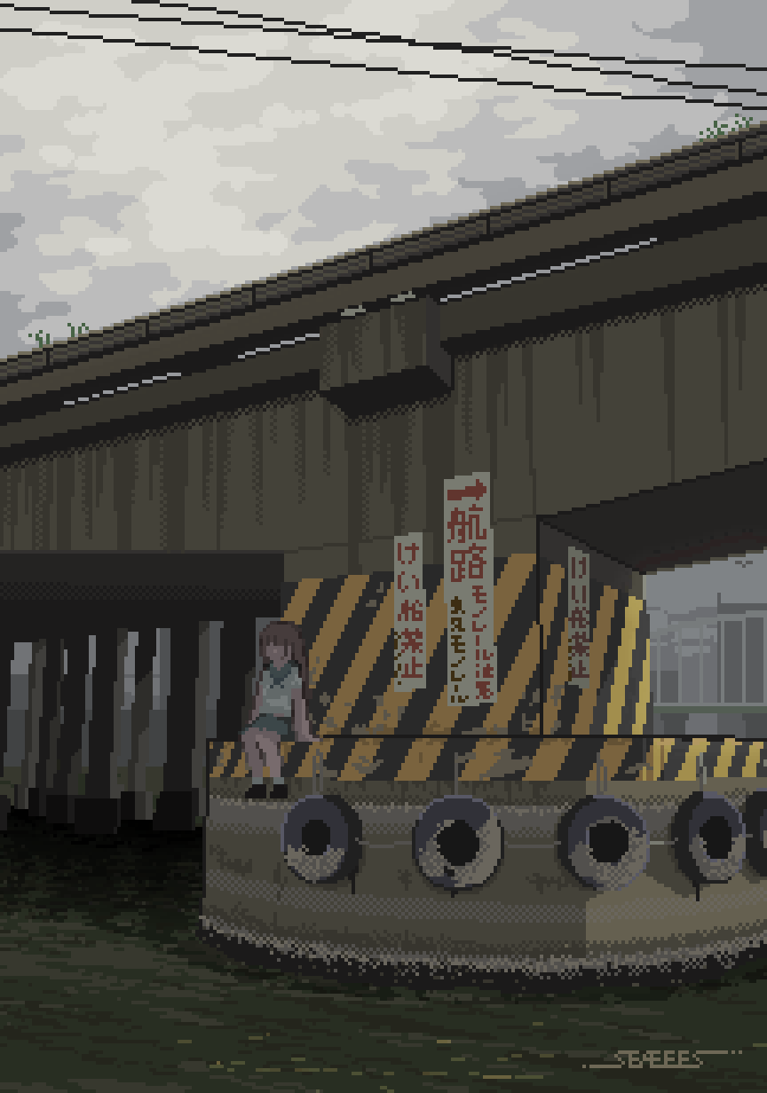 seaeees, original, animated, animated gif, highres, looping animation, translation request, 1girl, arm support, arrow (symbol), artist name, bird, black shoes, bridge, brown hair, cloud, cloudy sky, faceless, faceless female, green skirt, long hair, outdoors, overcast, pixel art, pleated skirt, power lines, scenery, school uniform, shoes, short sleeves, sitting, skirt, sky, solo, water, wind
