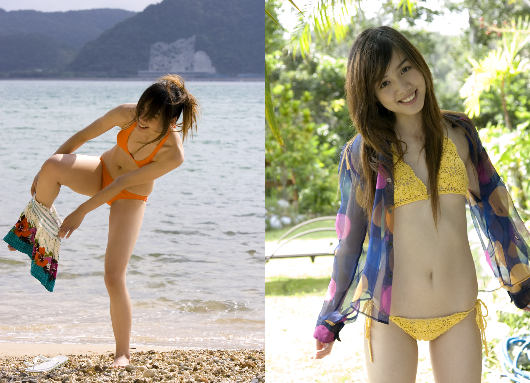 rola chung, highres, photo (medium), bikini, flip-flops, open clothes, open shirt, sandals, shirt, side-tie bikini bottom, swimsuit