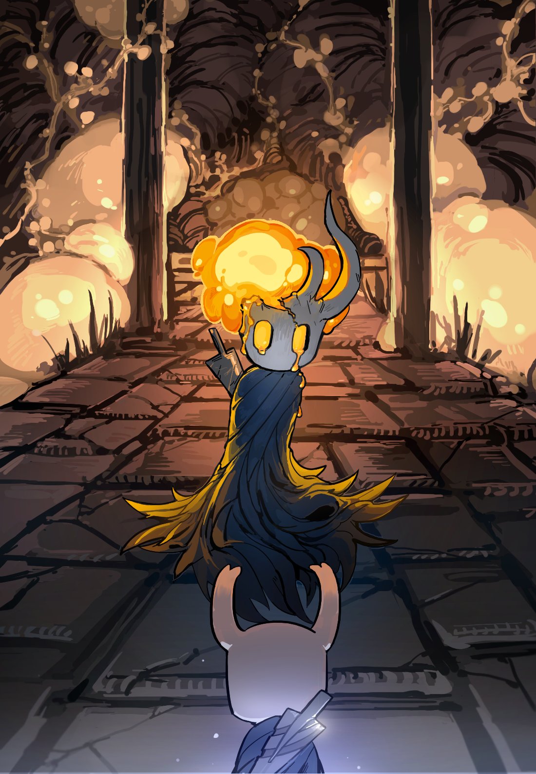 darkdog, broken vessel (hollow knight), knight (hollow knight), hollow knight, highres, 2others, cloak, cracked mask, from behind, grey cloak, hollow eyes, horned mask, horns, liquid from eyes, mask, multiple others, nail (hollow knight), pavement, pillar, stone floor