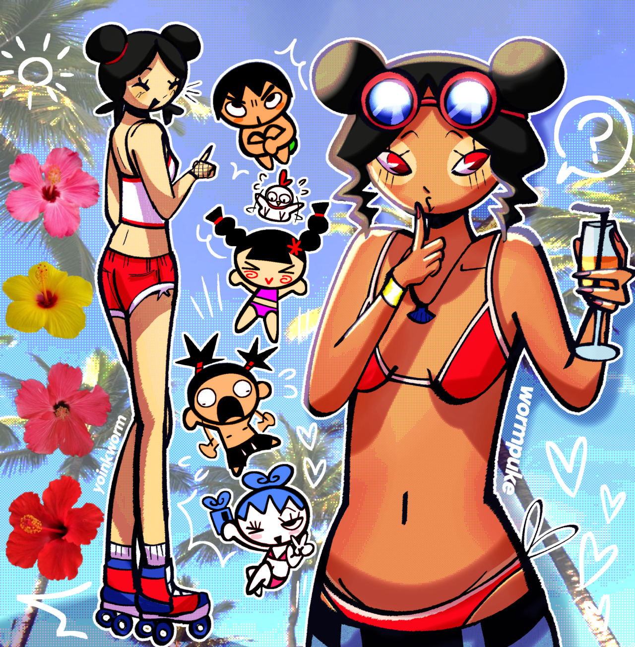 yoinkworm, abyo (pucca), ching (pucca), garu (pucca), pucca, ringring (pucca), won (pucca), pucca (cartoon), 2boys, 3girls, bikini, bikini under clothes, bird, black hair, blue hair, bracelet, chicken, drink, fishnet gloves, fishnets, flower, gloves, hairband, jewelry, male swimwear, multiple boys, multiple girls, nail polish, necklace, outline, palm tree, pink flower, red bikini, red eyes, red flower, roller skates, selfie, shorts, signature, skates, sunglasses, swim trunks, swimsuit, tan, tank top, tanline, tree, yellow flower