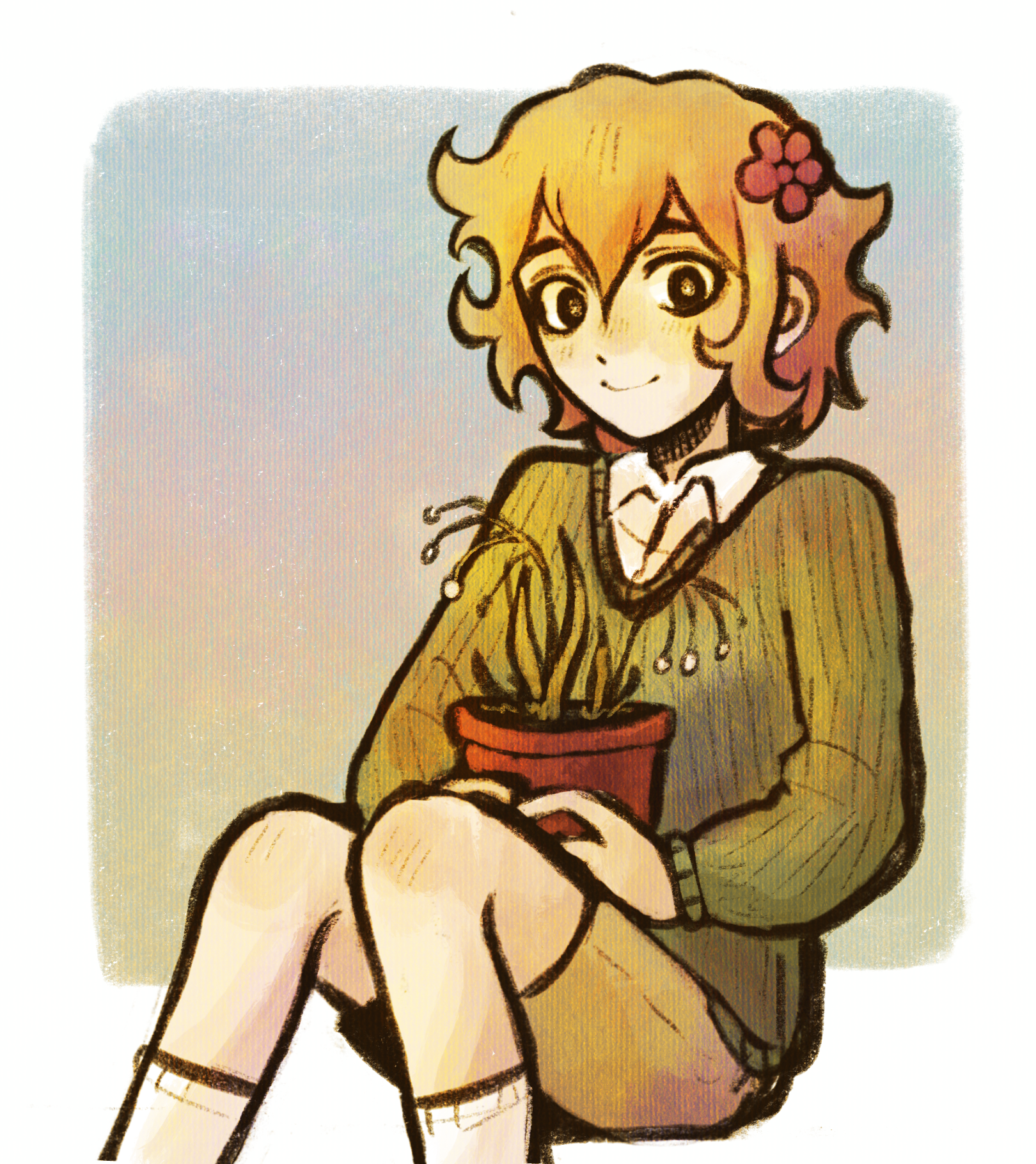 ottie pops, basil (faraway) (omori), basil (omori), omori, highres, 1boy, alternate eye color, black eyes, blonde hair, brown shorts, closed mouth, collared shirt, double-parted bangs, flower, flower pot, green sweater, hair between eyes, hair flower, hair ornament, holding, holding flower pot, looking at viewer, male focus, plant, potted plant, shirt, short hair, shorts, sitting, socks, solo, sweater, white shirt, white socks