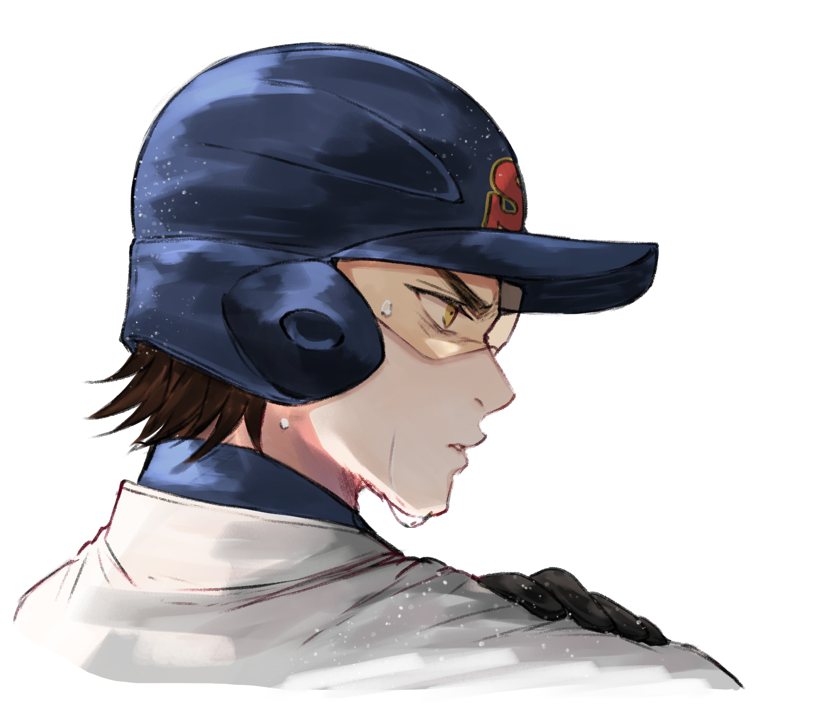 aiaipoponta0605, miyuki kazuya, ace of diamond, commentary request, highres, 1boy, baseball helmet, baseball uniform, brown hair, closed mouth, from side, goggles, helmet, high collar, male focus, short hair, simple background, solo, sportswear, sweat, teeth, white background, yellow eyes