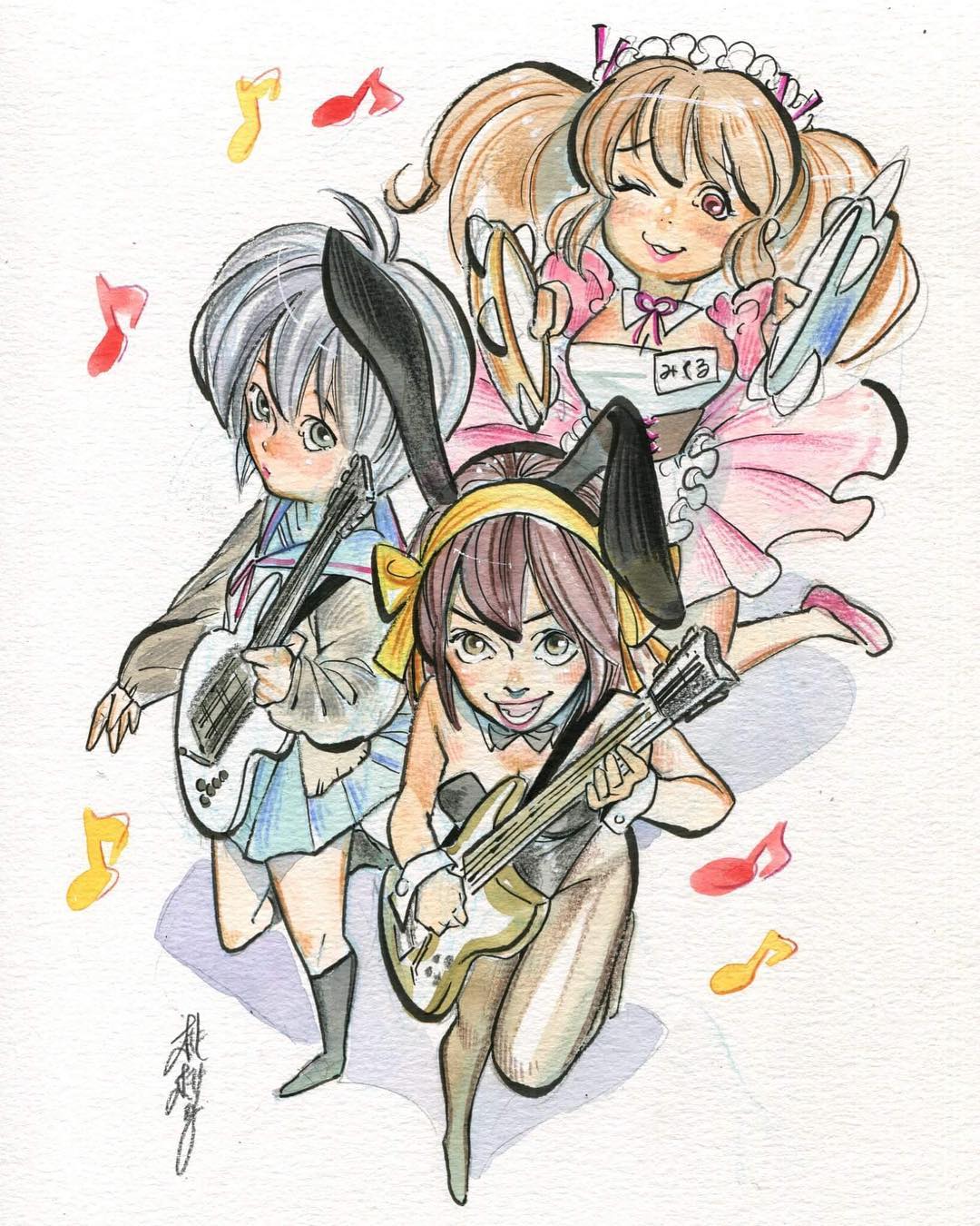 peach momoko, asahina mikuru, nagato yuki, suzumiya haruhi, suzumiya haruhi no yuuutsu, highres, traditional media, 3girls, animal ears, apron, artist name, black pantyhose, black socks, blue sailor collar, blue skirt, breasts, brown eyes, brown hair, cleavage, dress, electric guitar, guitar, hair ribbon, hairband, holding, holding guitar, holding instrument, instrument, kita high school uniform, kneehighs, large breasts, leotard, maid, maid apron, medium breasts, medium hair, multiple girls, musical note, neck ribbon, official alternate costume, pantyhose, pink skirt, playboy bunny, puffy short sleeves, puffy sleeves, purple hair, rabbit ears, red ribbon, ribbon, sailor collar, school uniform, short hair, short sleeves, signature, skirt, socks, tambourine, twintails, winter uniform, wrist cuffs, yellow hairband