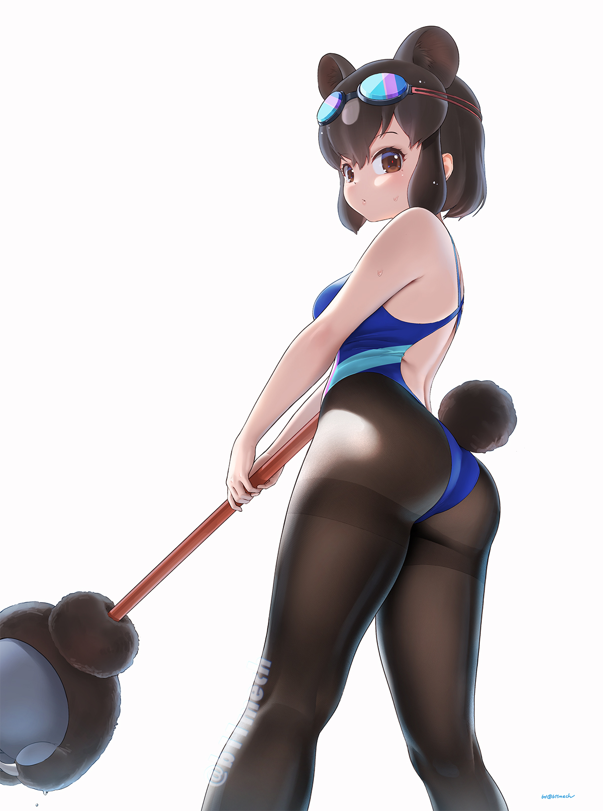 beleven, brown bear (kemono friends), kemono friends, kemono friends 3, highres, animal ears, ass, bare shoulders, bear ears, bear girl, bear tail, blue one-piece swimsuit, blush, brown eyes, brown hair, brown pantyhose, cowboy shot, extra ears, from below, goggles, goggles on head, hair between eyes, looking at viewer, looking back, multicolored hair, official alternate costume, one-piece swimsuit, pantyhose, paw stick, short hair, sidelocks, sleeveless, swimsuit, tail, two-tone hair, two-tone one-piece swimsuit, white hair