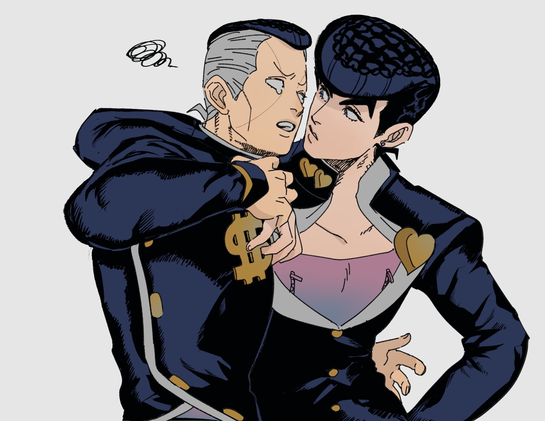 tirauraja, higashikata josuke, nijimura okuyasu, diamond wa kudakenai, jojo no kimyou na bouken, commentary, highres, symbol-only commentary, 2boys, arm around neck, arm up, black hair, black jacket, blue eyes, brooch, buttons, cowboy shot, crying, crying with eyes open, dollar sign, eyelashes, facial mark, gakuran, grey hair, heart, hover hand, jacket, jewelry, long sleeves, male focus, multiple boys, open clothes, open jacket, open mouth, parted lips, pompadour, purple shirt, school uniform, shirt, short hair, simple background, squiggle, tears, teeth, thick eyebrows, white background, zipper, zipper pull tab