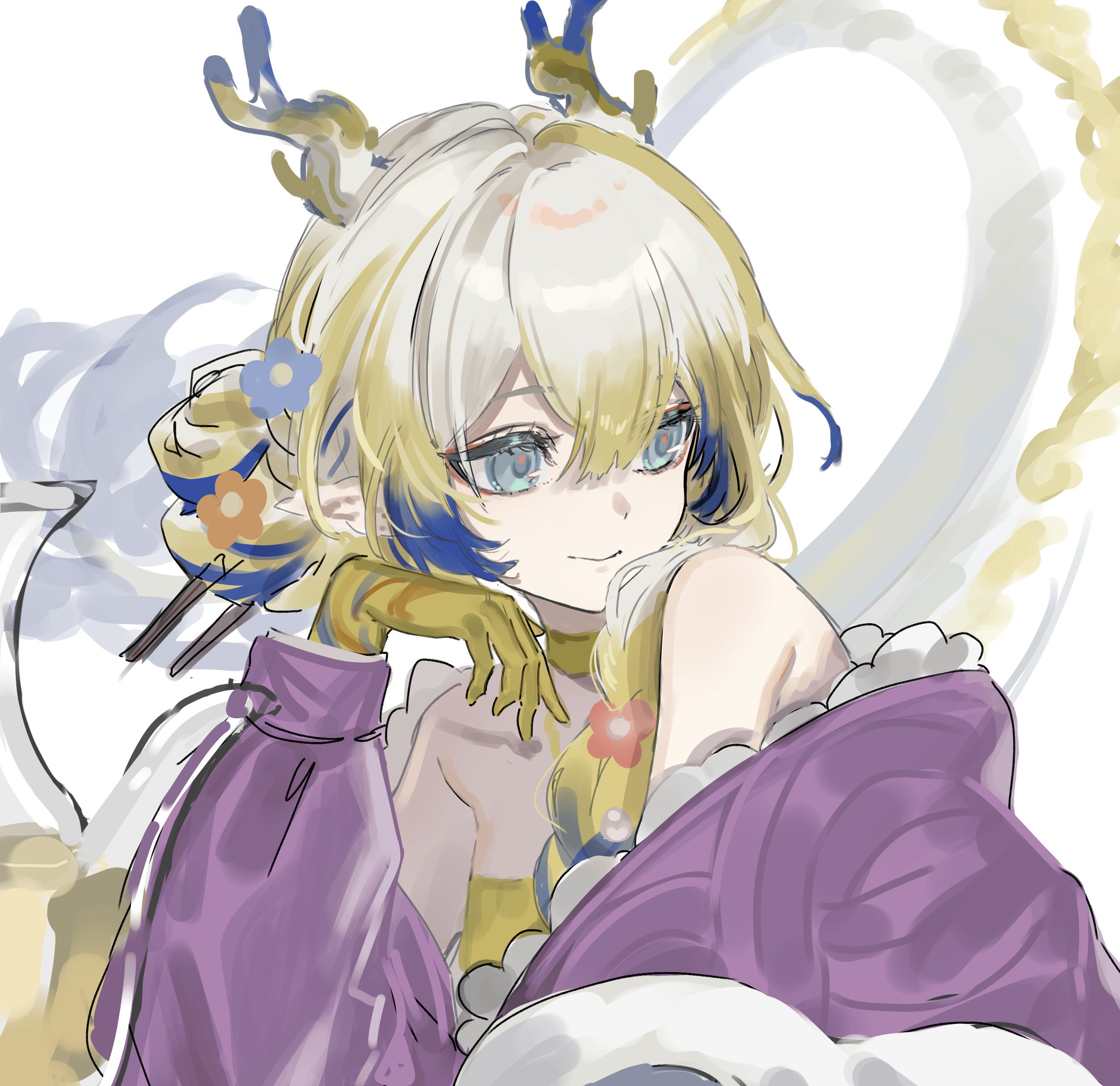 shu (arknights), shu (spring feast) (arknights), arknights, absurdres, highres, 1girl, bare shoulders, blonde hair, blue eyes, blue hair, choker, closed mouth, colored extremities, dragon girl, dragon horns, dragon tail, grey hair, hair over shoulder, horns, jacket, long hair, long sleeves, looking to the side, off shoulder, official alternate costume, purple jacket, sketch, smile, solo, tail, tail raised, turning head, uneri tokidoki, yellow choker