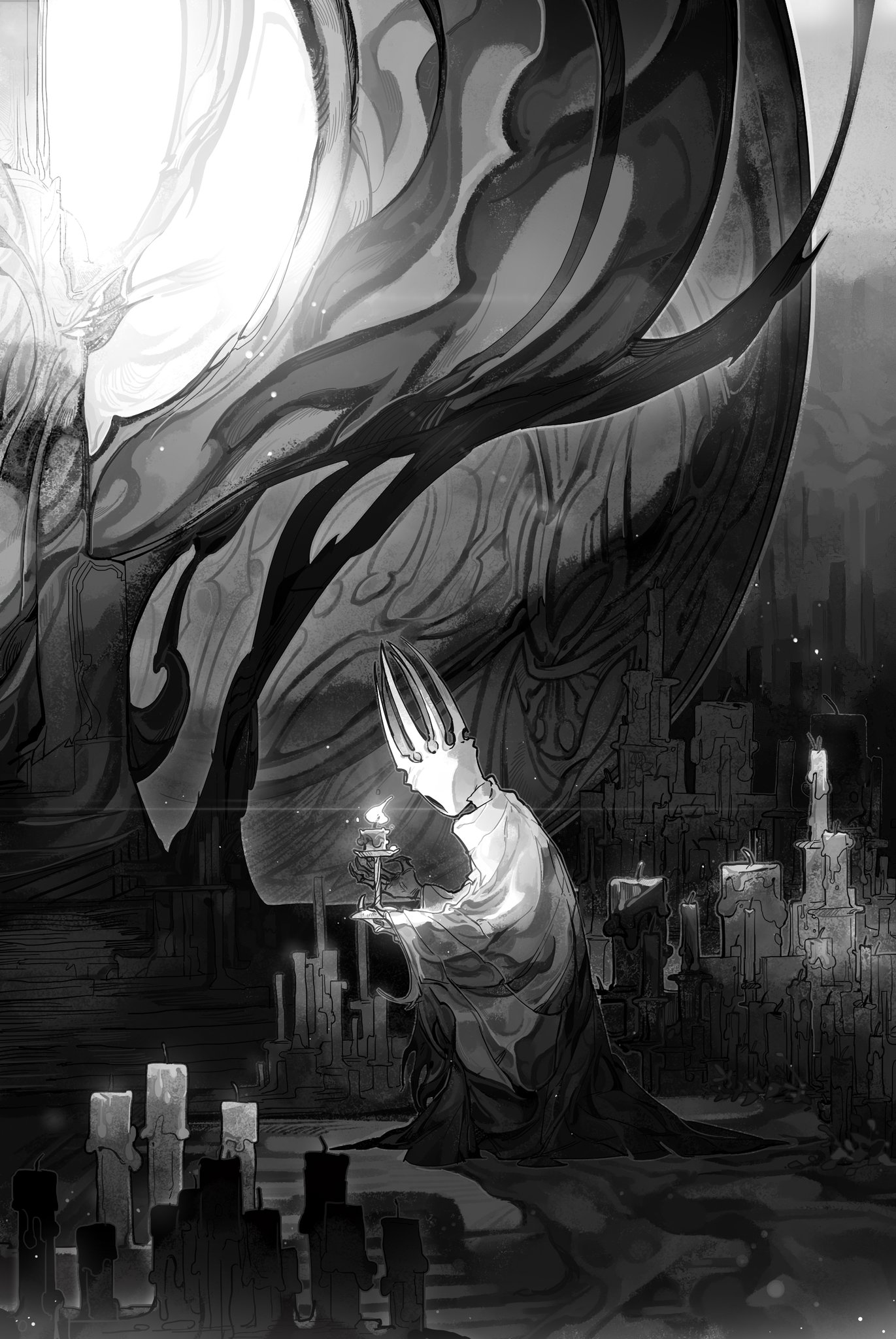 darkdog, pale king (hollow knight), hollow knight, highres, 1boy, black eyes, bug, candle, crown, greyscale, holding, holding candle, hollow eyes, horns, lamp, long sleeves, monochrome, robe, solo, white robe, wide sleeves