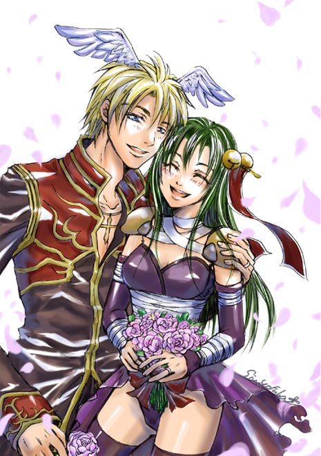 assassin (ragnarok online), priest (ragnarok online), ragnarok online, commentary request, 1boy, 1girl, 2000s (style), armor, bandages, bandages over clothes, bell, blonde hair, blue eyes, bouquet, breasts, brown coat, coat, couple, cowboy shot, cross, cross necklace, detached sleeves, feathered wings, flower, gold trim, green hair, hair bell, hair ornament, head wings, hetero, holding, holding bouquet, jewelry, jingle bell, leotard, long hair, medium breasts, multicolored coat, necklace, open mouth, pauldrons, petals, pink flower, purple leotard, purple sleeves, purple thighhighs, red coat, ring, shoulder armor, simple background, smile, thighhighs, two-tone coat, wedding, white background, white wings, wings, yotuha428