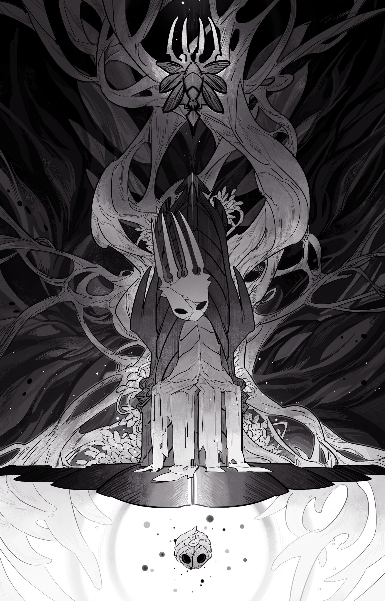 darkdog, pale king (hollow knight), hollow knight, highres, 1boy, black eyes, bug, charm (hollow knight), crack, crown, greyscale, hollow eyes, horns, monochrome, robe, sitting, sitting on throne, solo, throne, white robe
