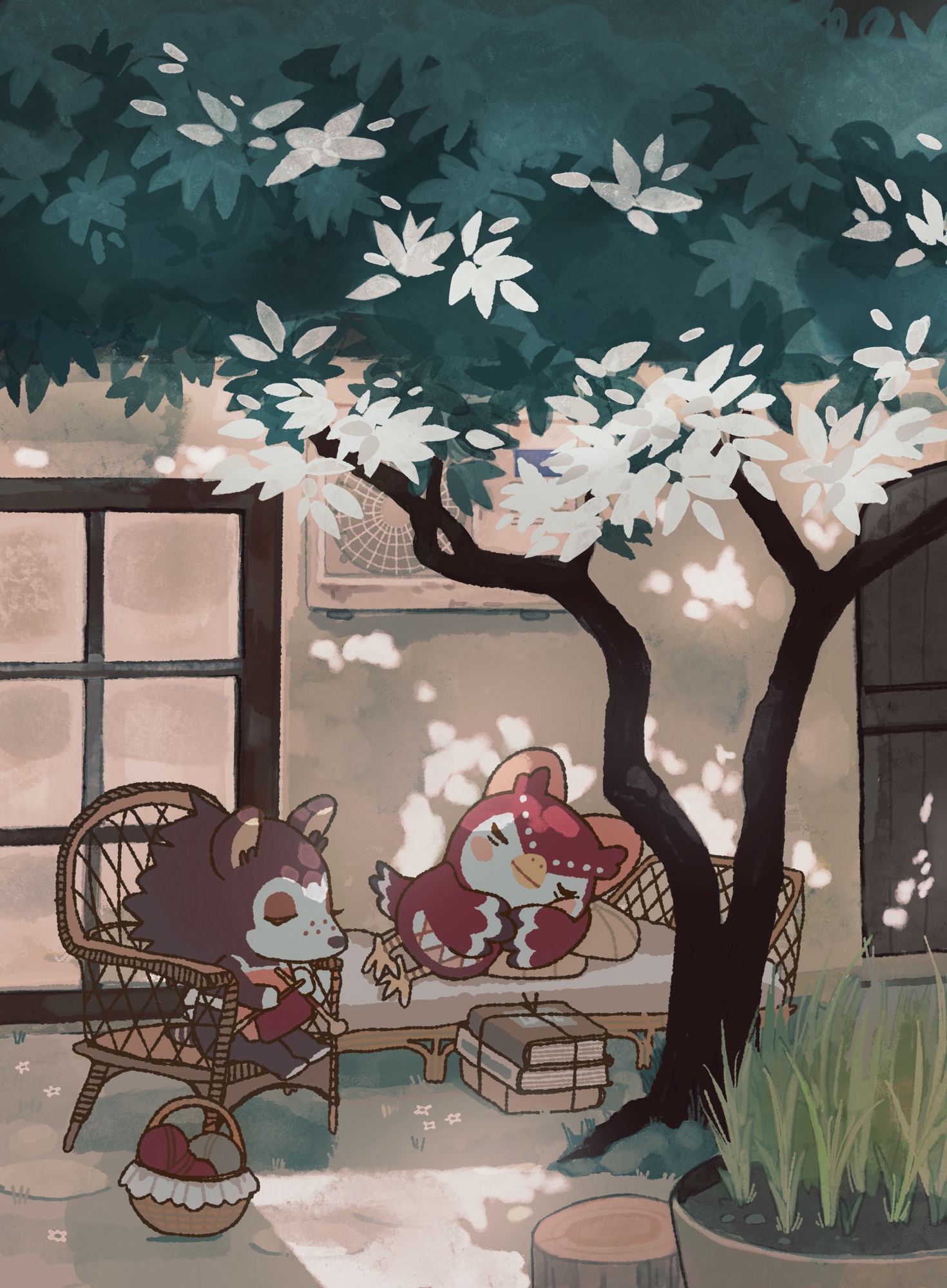 celeste (animal crossing), sable able (animal crossing), animal crossing, nintendo, highres, 2girls, anikeru, basket, bird girl, book, book stack, building, chair, closed eyes, hedgehog girl, holding, holding needle, knitting, knitting needle, multiple girls, needle, outdoors, plant, potted plant, sitting, sleeping, tree, tree stump, wicker furniture, yarn, yarn ball
