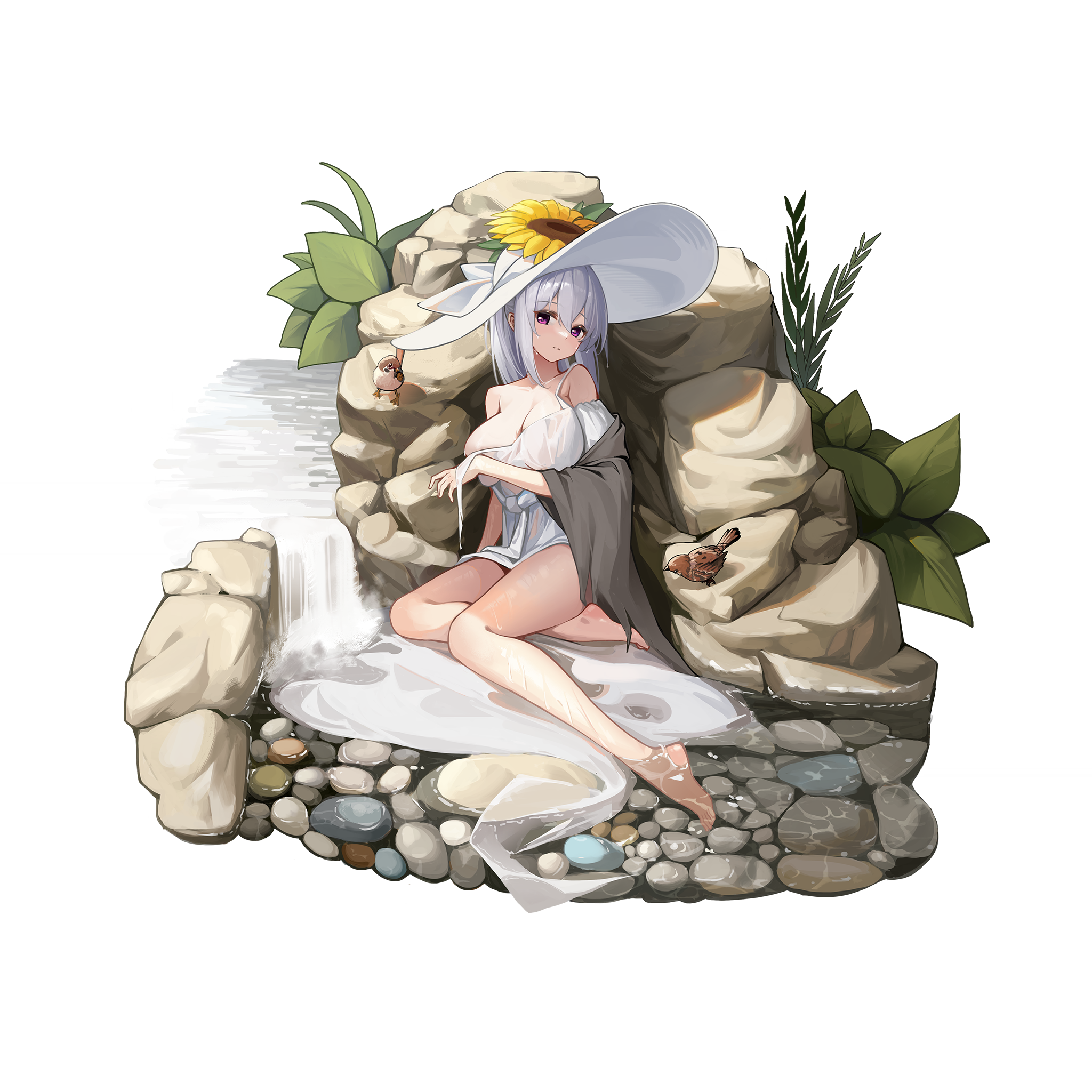 warship girls r, artist request, highres, official art, 1girl, bare arms, bird, breasts, dress, flower, full body, hair between eyes, hat, hat flower, large breasts, long hair, looking at viewer, massachusetts (warship girls r), official alternate costume, outdoors, purple eyes, rock, sleeveless, sleeveless dress, solo, sun hat, sundress, sunflower, torn clothes, torn dress, transparent background, wet, wet clothes, wet dress, wet hair, white dress, white hair