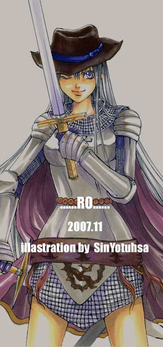 knight (ragnarok online), ragnarok online, commentary request, 1girl, 2000s (style), armor, armored skirt, artist name, blue eyes, breastplate, brown hat, cape, closed mouth, copyright name, cowboy hat, cowboy shot, dated, gauntlets, grey hair, hat, holding, holding sword, holding weapon, long hair, looking at viewer, one eye closed, purple cape, simple background, smile, solo, sword, weapon, white background, yotuha428