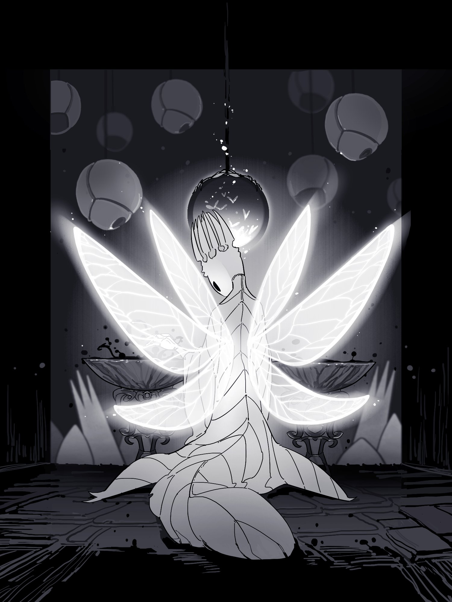 darkdog, pale king (hollow knight), hollow knight, highres, 1boy, black eyes, bug, crown, from behind, glowing, glowing wings, greyscale, hollow eyes, horns, insect wings, monochrome, robe, solo, white robe, wings