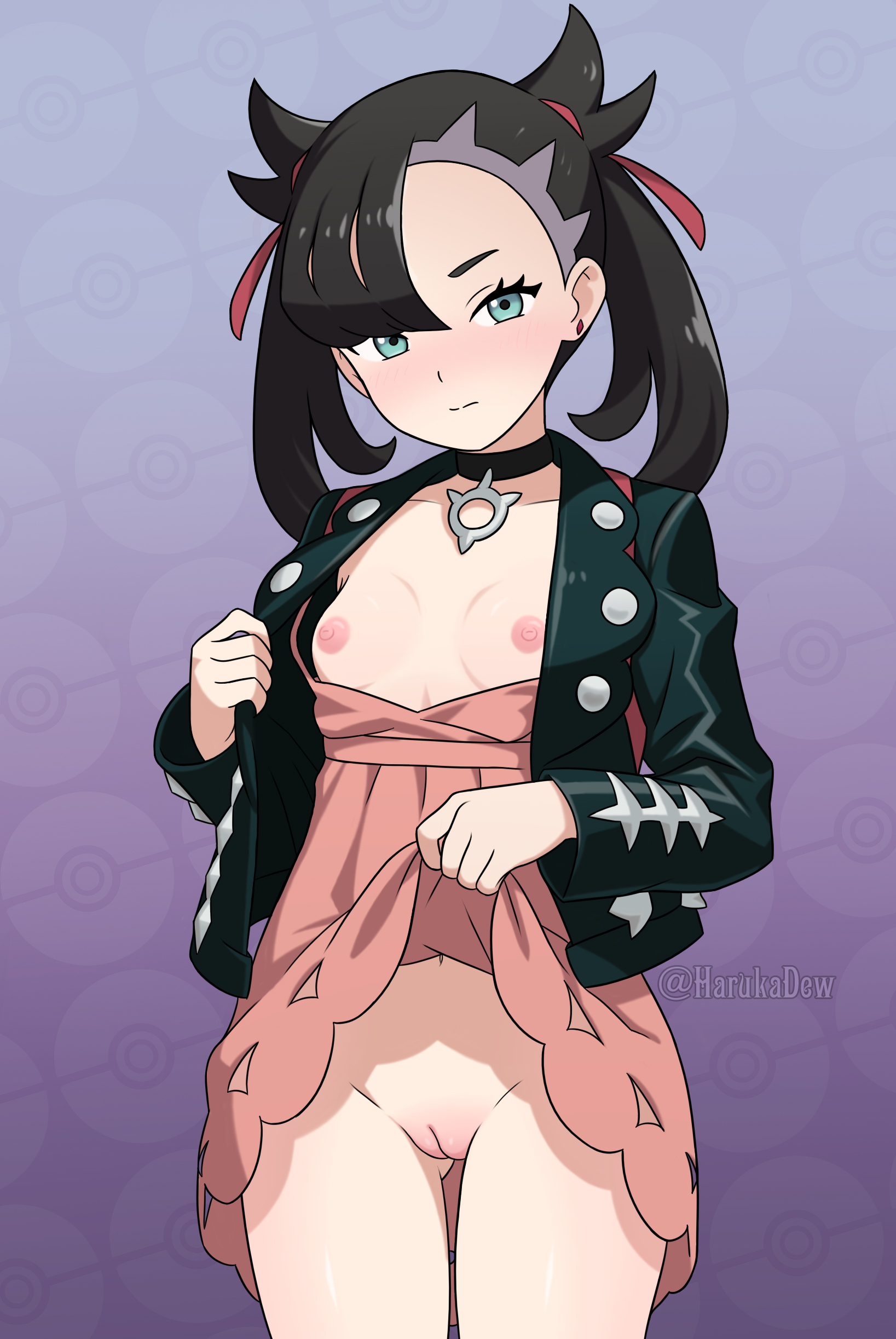 harukadew, marnie (pokemon), nintendo, pokemon, pokemon swsh, absurdres, commentary, highres, 1girl, asymmetrical bangs, black choker, black hair, black jacket, blush, breasts, choker, closed mouth, clothes lift, cowboy shot, dress, dress lift, green eyes, hair ribbon, jacket, looking at viewer, navel, nipples, pink dress, pussy, ribbon, small breasts, solo, twintails, uncensored