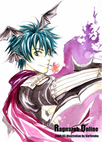 assassin cross (ragnarok online), ragnarok online, commentary request, 1boy, 2000s (style), armor, artist name, black shirt, black wings, blue eyes, blue hair, copyright name, dated, demon wings, flower, flower in mouth, from side, grin, head wings, looking at viewer, looking to the side, male focus, pauldrons, pink flower, purple scarf, scarf, shirt, short hair, shoulder armor, simple background, smile, solo, upper body, white background, wings, yotuha428