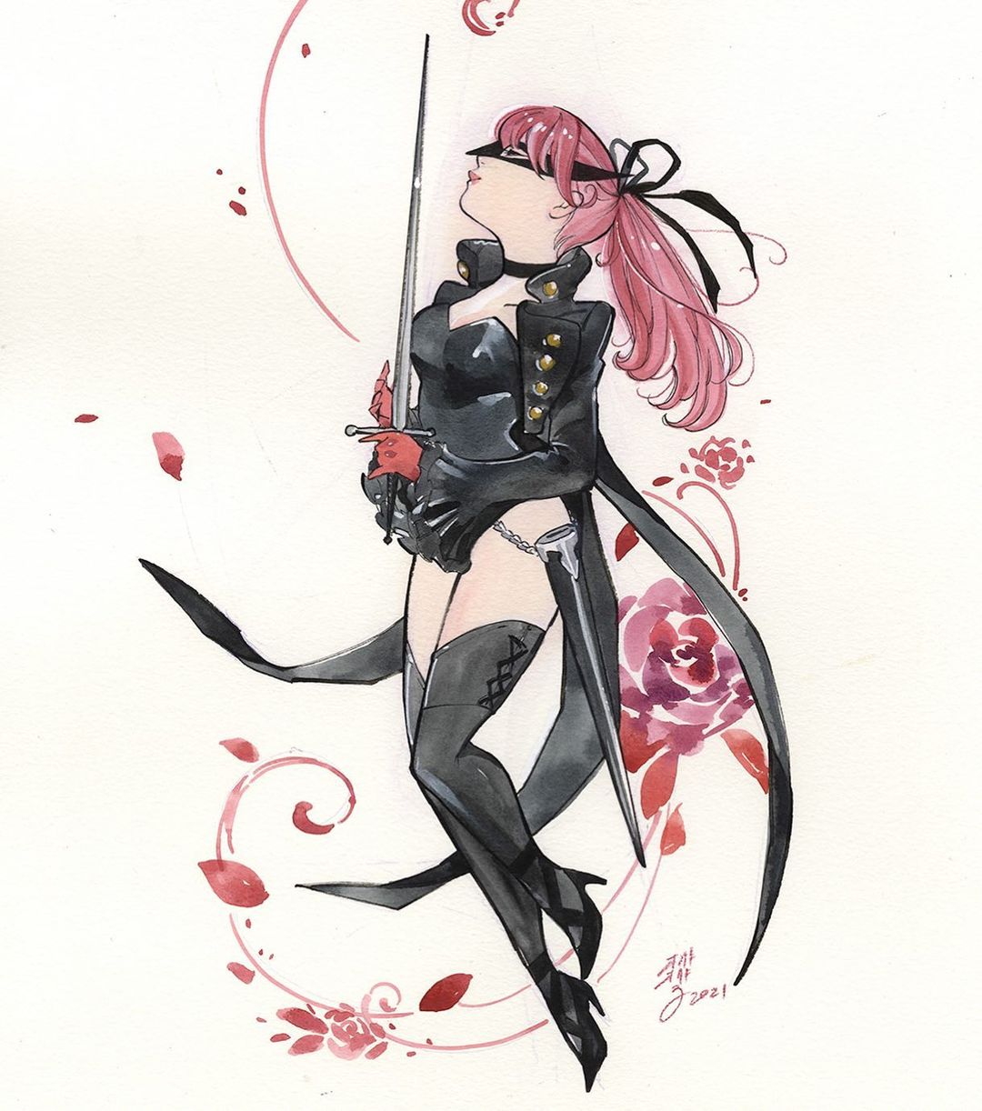 peach momoko, yoshizawa kasumi, yoshizawa sumire, persona, persona 5, persona 5 the royal, highres, traditional media, 1girl, black choker, black jacket, black leotard, black mask, black ribbon, breasts, buttons, chain, choker, cleavage, closed eyes, flower, frilled sleeves, frills, full body, gloves, hair ribbon, high heels, holding, holding sword, holding weapon, jacket, leotard, long sleeves, mask, medium breasts, petals, red flower, red gloves, red rose, ribbon, rose, sheath, signature, solo, strapless, strapless leotard, sword, thighhighs, weapon, white background