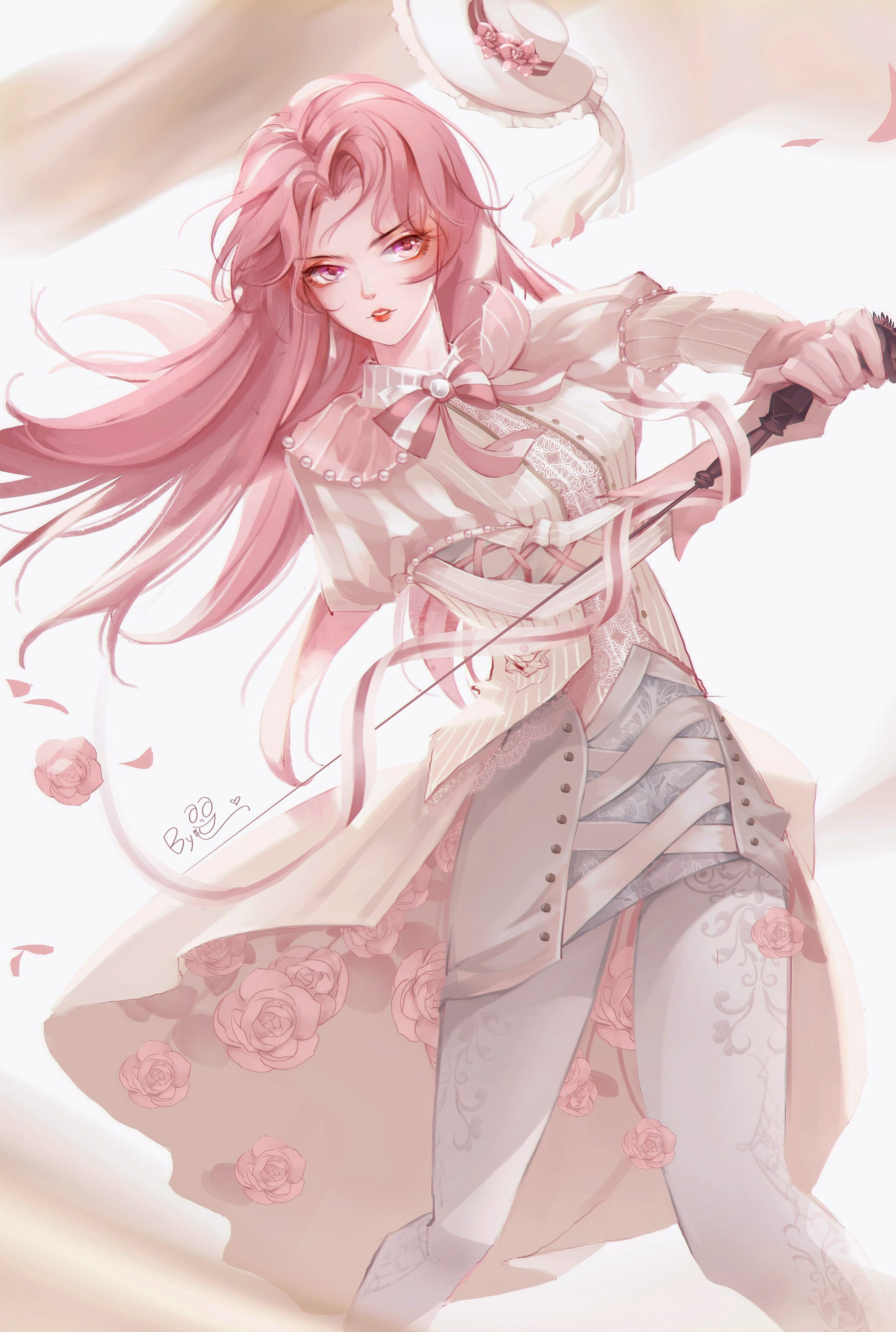 by yi, nikki (nikki), nikki (series), shining nikki, absurdres, highres, 1girl, asymmetrical dress, bow, bowtie, buttons, collared dress, cross-laced clothes, cross-laced skirt, determined, dress, eyelashes, feet out of frame, floating hair, flower, frilled dress, frilled headwear, frills, hat, hat feather, hat flower, hat loss, holding, holding sword, holding weapon, juliet sleeves, layered skirt, lipstick, long hair, long sleeves, looking to the side, makeup, mini hat, miniskirt, pantyhose, parted bangs, parted lips, petals, pink bow, pink bowtie, pink eyes, pink flower, pink hair, pink rose, pink sleeve cuffs, puffy sleeves, red lips, rose, rose petals, single stripe, skirt, skirt under dress, sleeve cuffs, solo, striped bow, striped bowtie, striped clothes, striped dress, sword, teeth, triumph of daybreak (shining nikki), vertical-striped clothes, vertical-striped dress, very long hair, weapon, white background, white dress, white hat, white pantyhose, white skirt