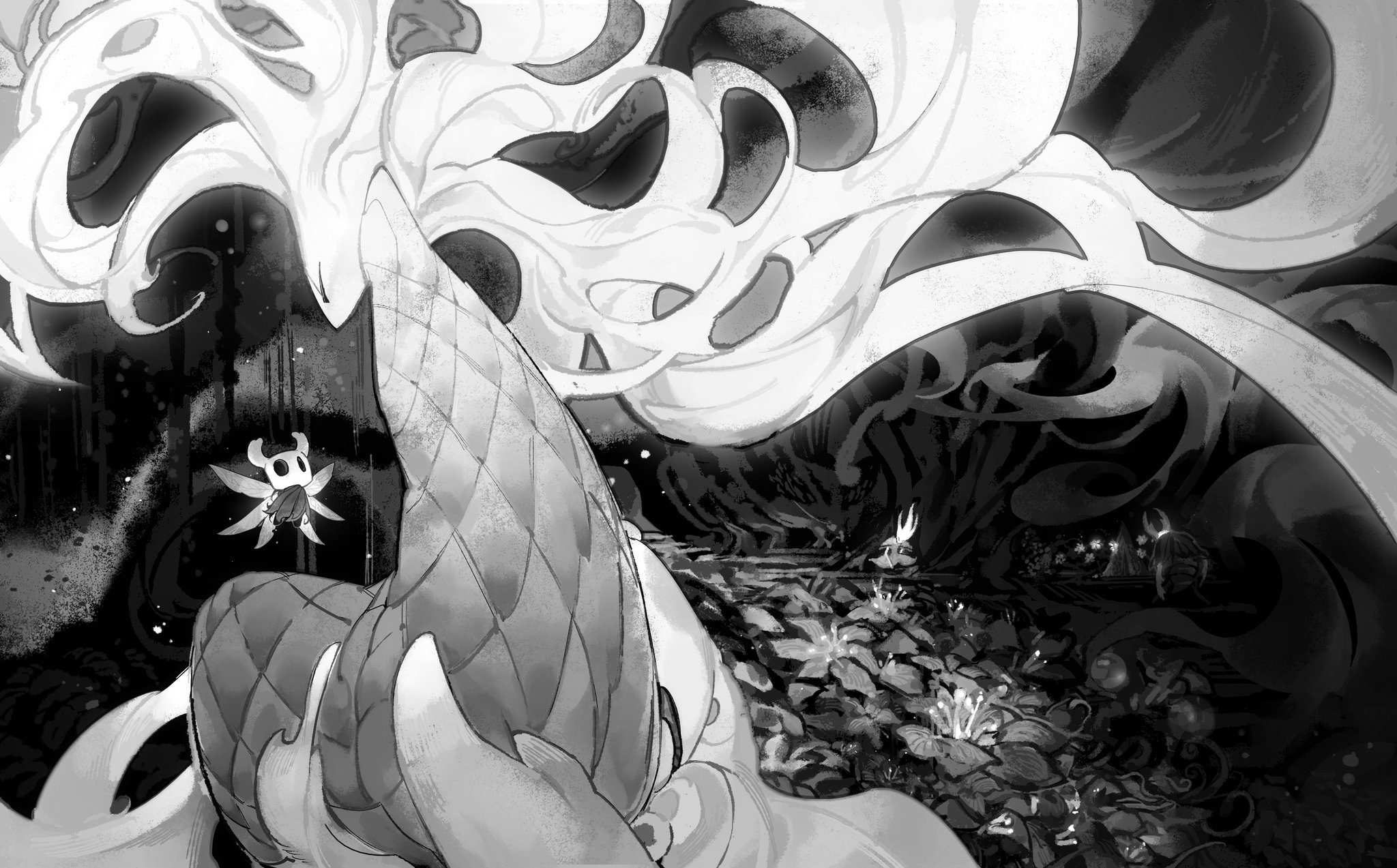 darkdog, dryya (hollow knight), knight (hollow knight), white lady (hollow knight), hollow knight, highres, 1other, 2girls, black eyes, corpse, greyscale, hollow eyes, horned mask, horns, mask, monochrome, monster girl, mother and child, multiple girls, plant girl, restrained, wings
