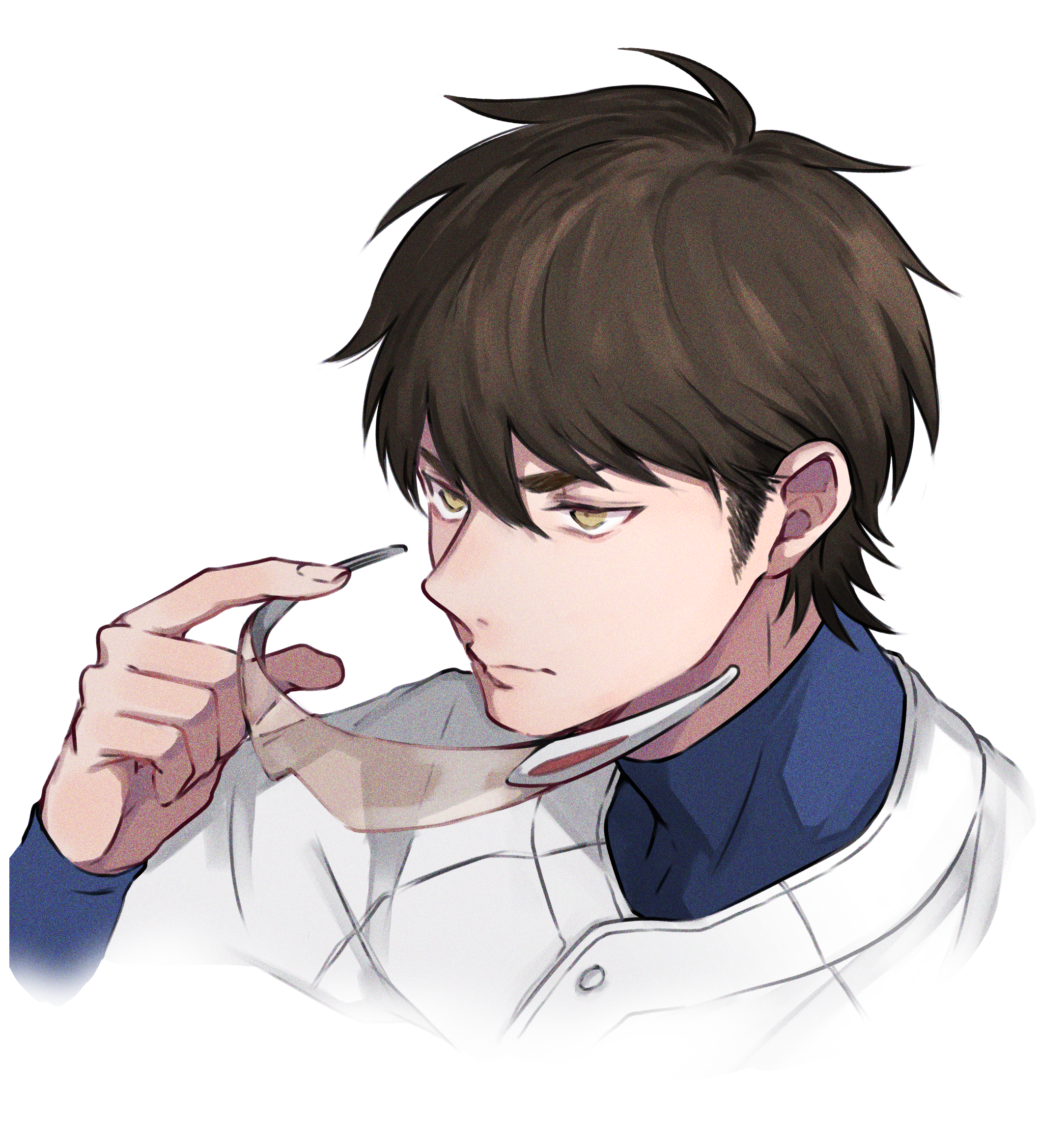 aiaipoponta0605, miyuki kazuya, ace of diamond, commentary request, highres, 1boy, baseball uniform, brown hair, buttons, goggles, high collar, long sleeves, male focus, short hair, sideburns, simple background, solo, sportswear, unworn eyewear, upper body, white background, yellow eyes