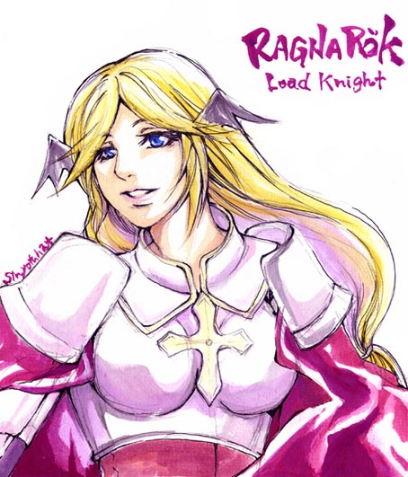 lord knight (ragnarok online), ragnarok online, commentary request, 2000s (style), armor, blonde hair, blue eyes, boobplate, breastplate, cape, character name, copyright name, cross, grin, long hair, pauldrons, pink cape, shoulder armor, simple background, smile, solo, upper body, white background, yotuha428