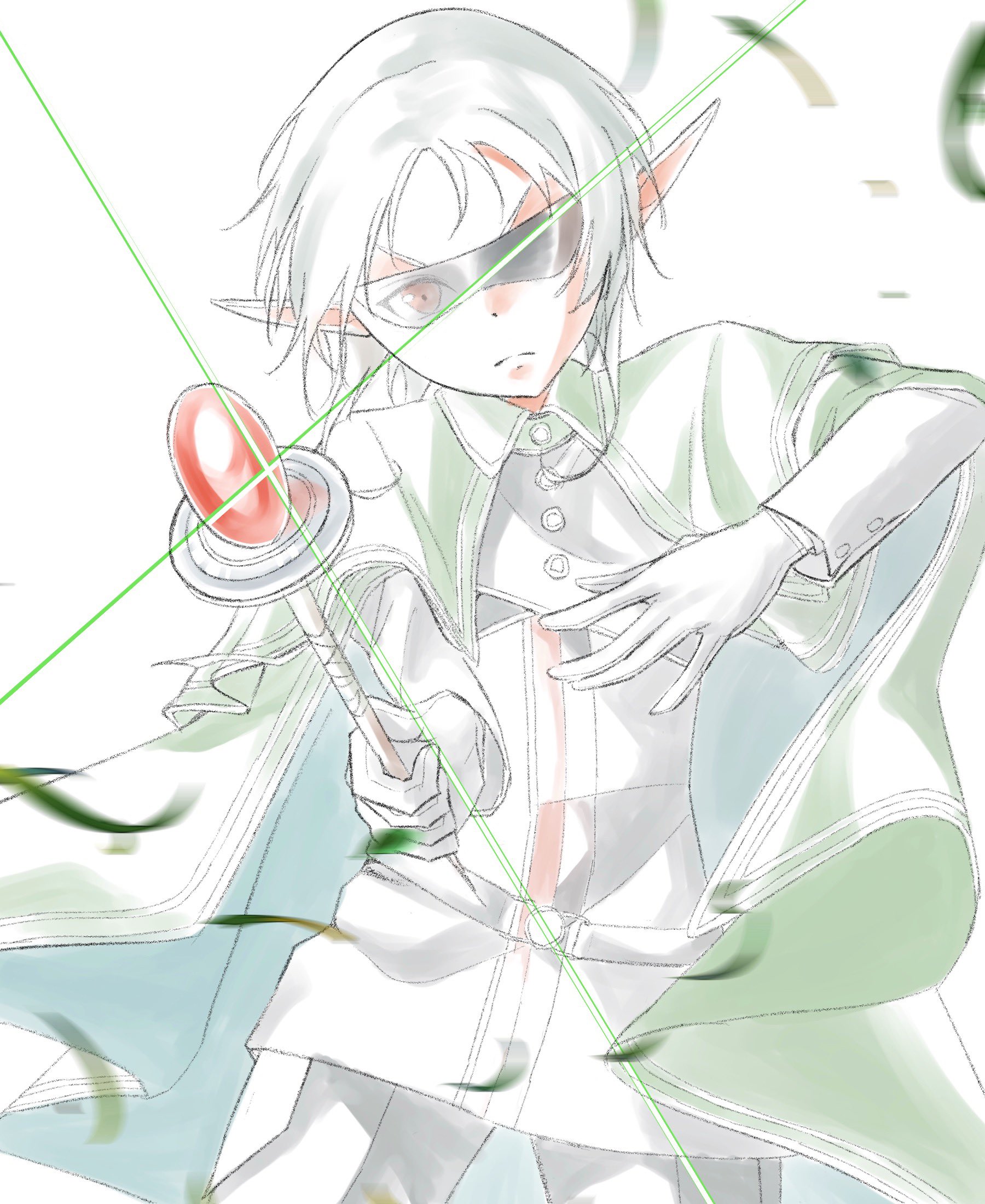 sylphiette (mushoku tensei), mushoku tensei, highres, 1girl, black gloves, cloak, elf, gloves, green cloak, holding, holding wand, kanzakikirimaru, looking at viewer, pointy ears, red eyes, rimless eyewear, short hair, solo, wand