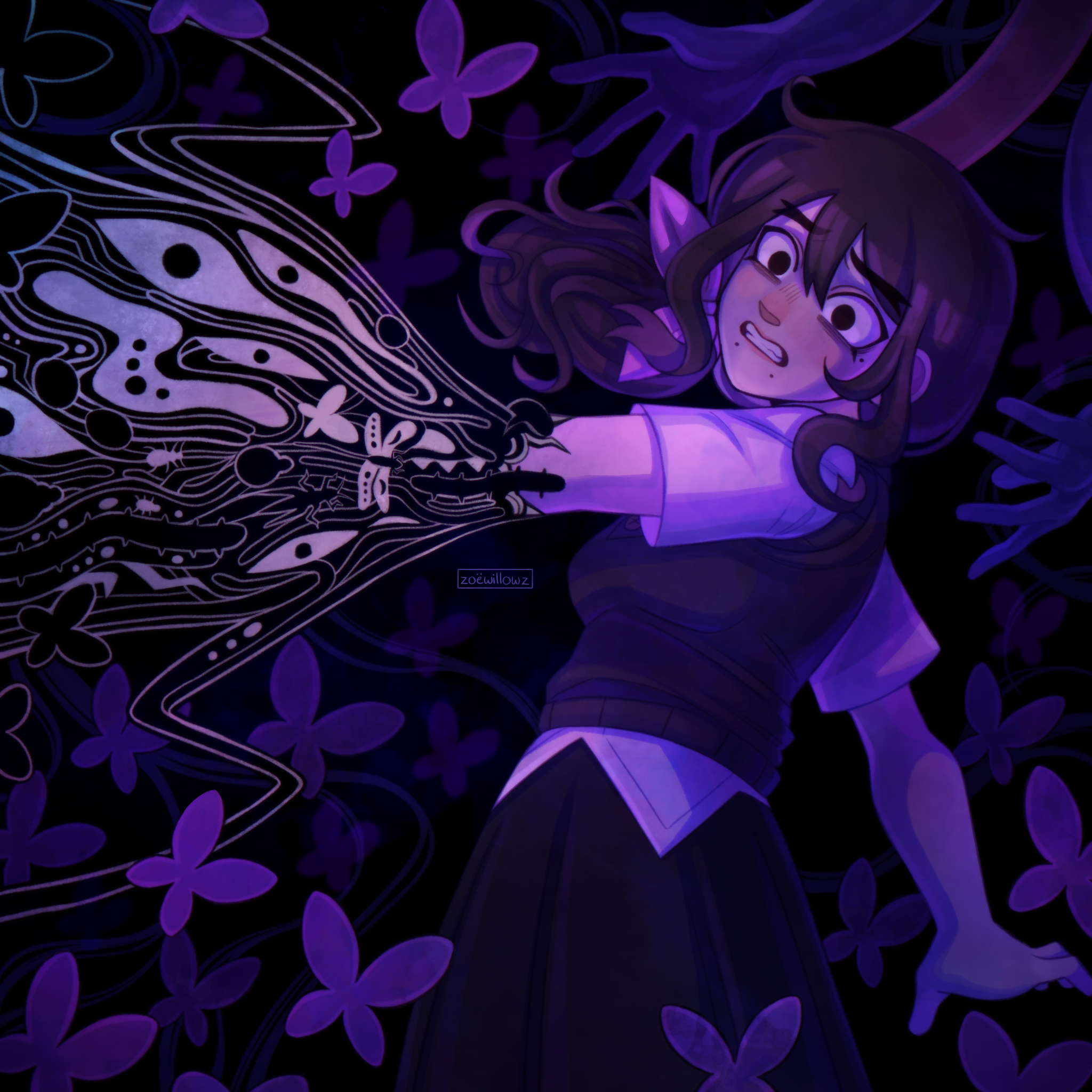 aubrey (faraway) (omori), aubrey (omori), omori, highres, 1girl, alternate costume, alternate hairstyle, alternate universe, black eyes, black hair, black skirt, black sweater vest, clenched teeth, collared shirt, double-parted bangs, hair between eyes, hair ribbon, low ponytail, mole, mole under eye, mole under mouth, open mouth, pink ribbon, pleated skirt, ponytail, ribbon, shirt, short sleeves, skirt, solo, sweater vest, teeth, zoewillowz