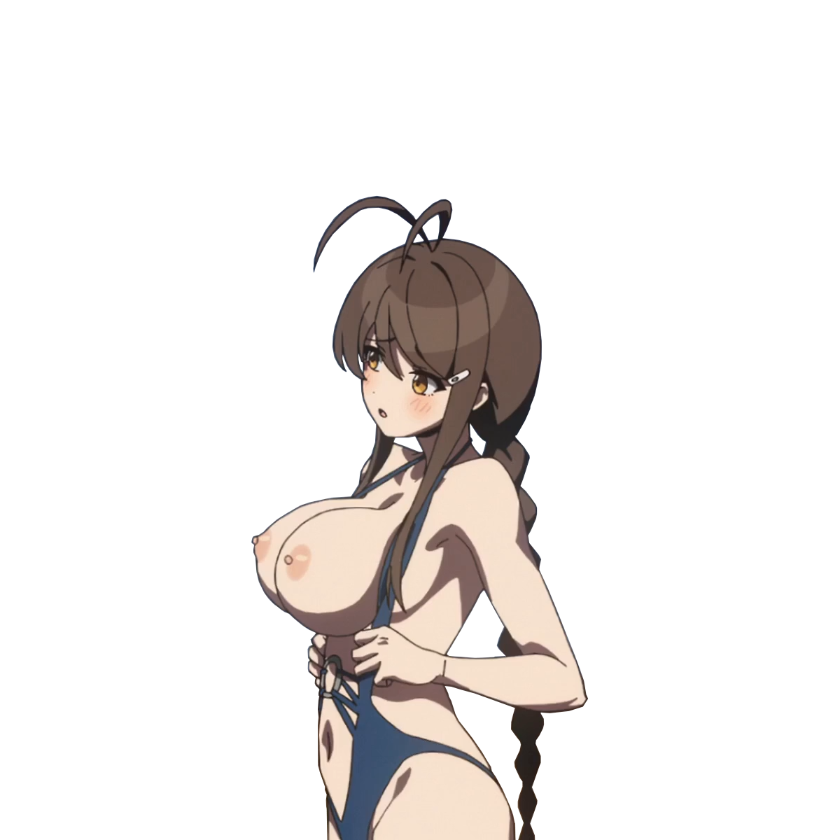 tadasugawa rei, nukigee mitai na shima ni sunderu watashi wa dou surya ii desu ka?, highres, 1girl, ahoge, bikini, blush, braid, braided ponytail, breasts, breasts out, brown eyes, brown hair, clothes pull, flustered, from side, large breasts, legs, long hair, navel, nipples, one-piece swimsuit, one-piece swimsuit pull, open mouth, presenting, pulling own clothes, sideboob, solo, swimsuit, thighs, tongue, very long hair