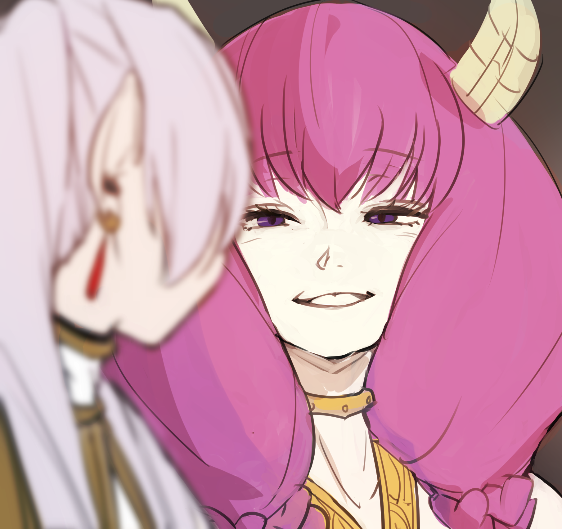 higemu, aura (sousou no frieren), frieren, sousou no frieren, highres, photo-referenced, 2girls, blurry, blurry foreground, braid, capelet, clenched teeth, demon girl, demon horns, earrings, elf, gold trim, grin, hair over shoulder, horns, jewelry, long hair, looking at another, multiple braids, multiple girls, pointy ears, purple eyes, purple hair, quad braids, smile, teardrop earrings, teeth, twintails, upper body, white capelet, white hair