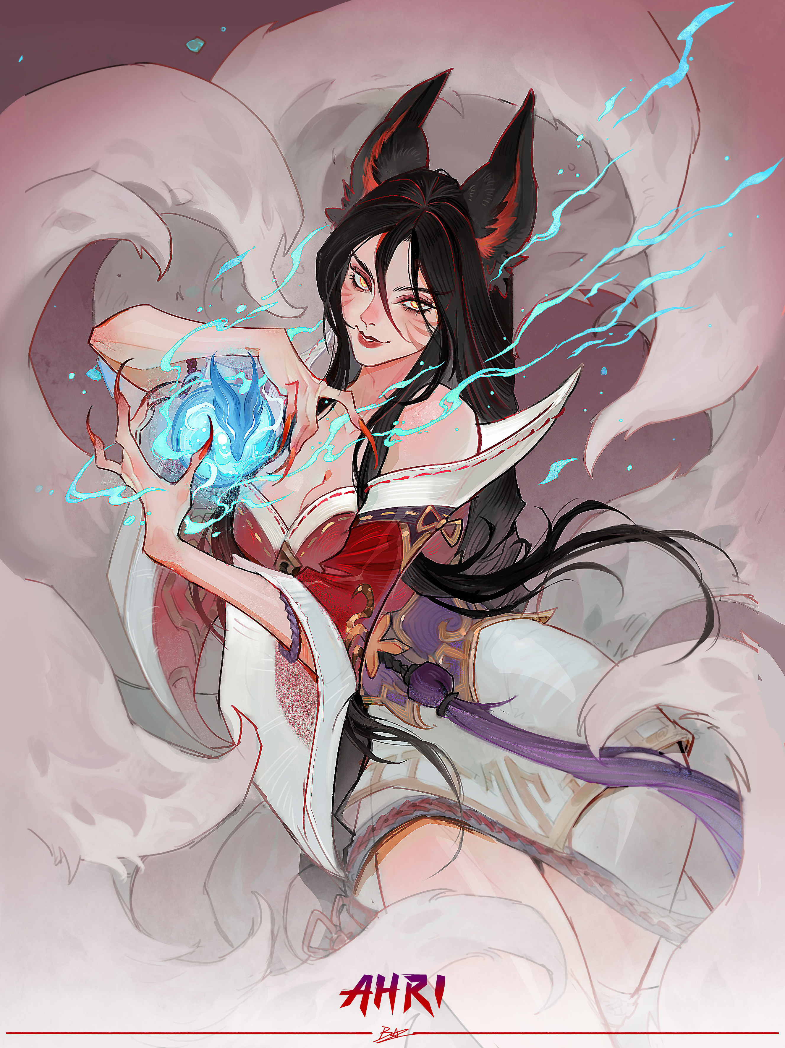 imbianzi, ahri (league of legends), league of legends, absurdres, highres, 1girl, animal ears, bare shoulders, black hair, breasts, character name, cleavage, cowboy shot, detached sleeves, facial mark, fox ears, fox girl, fox tail, hands up, japanese clothes, kimono, kitsune, kyuubi, long hair, looking at viewer, magic, multiple tails, orb, parted lips, red kimono, red lips, red nails, short kimono, solo, straight hair, tail, very long fingernails, whisker markings, wide sleeves, yellow eyes