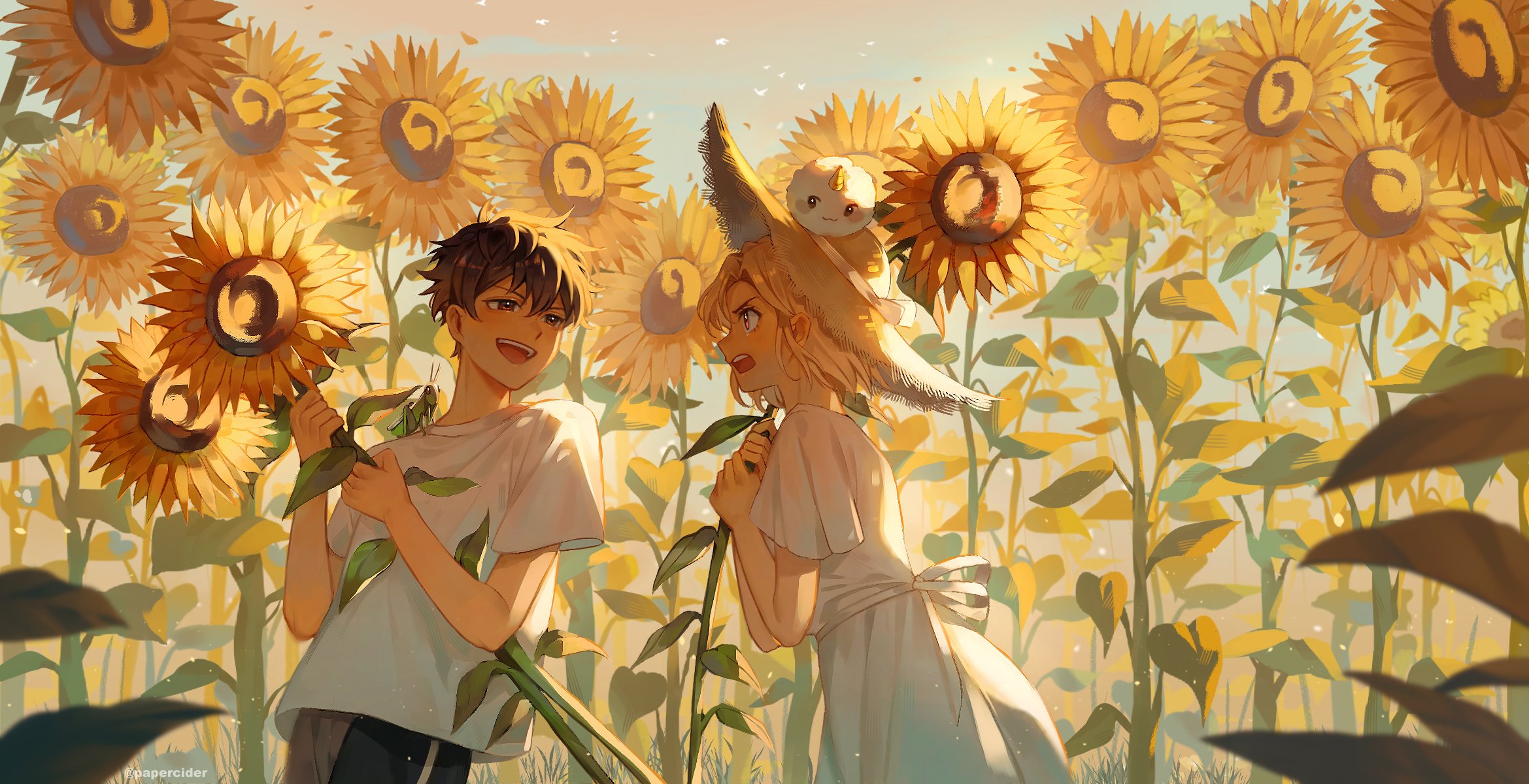 papercider, lee gilyoung, shin yoosung, omniscient reader's viewpoint, character request, check character, commentary, english commentary, highres, 1boy, 1girl, animal, artist name, black hair, bug, dress, evening, eye contact, field, flower, flower field, grasshopper, hat, holding, holding flower, insect, looking at another, open mouth, outdoors, oversized plant, scenery, shirt, short hair, short sleeves, sidelighting, simple bird, smile, standing, straw hat, sunflower, sunflower field, sunlight, t-shirt, v-shaped eyebrows, very short hair, white dress, white shirt, yellow flower