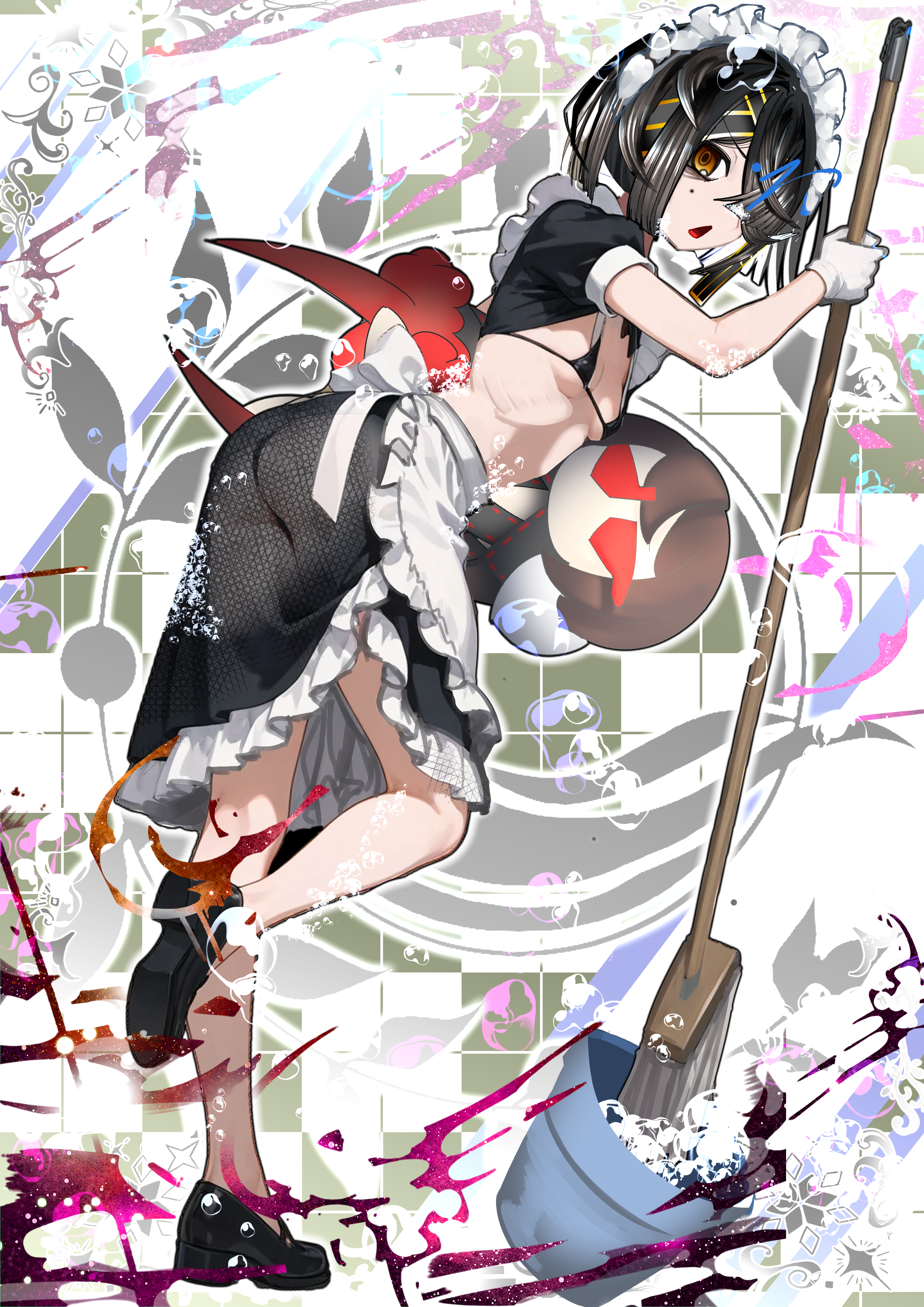 kitsunebi44410, xu fu (fate), fate/grand order, fate (series), absurdres, highres, 1girl, apron, ass, bikini, black bikini, black hair, black shoes, black skirt, breasts, broom, brown eyes, bubble, bucket, chaldea logo, character doll, doll, frilled apron, frills, hair over one eye, holding, holding broom, holding doll, lady yu doll, looking at viewer, maid, maid apron, maid bikini, maid headdress, micro bikini, mole, mole under eye, navel, open mouth, robe, see-through clothes, see-through skirt, shoes, short hair, short sleeves, skinny, skirt, small breasts, solo, swimsuit, triangle mouth, unconventional maid, waist apron, white apron