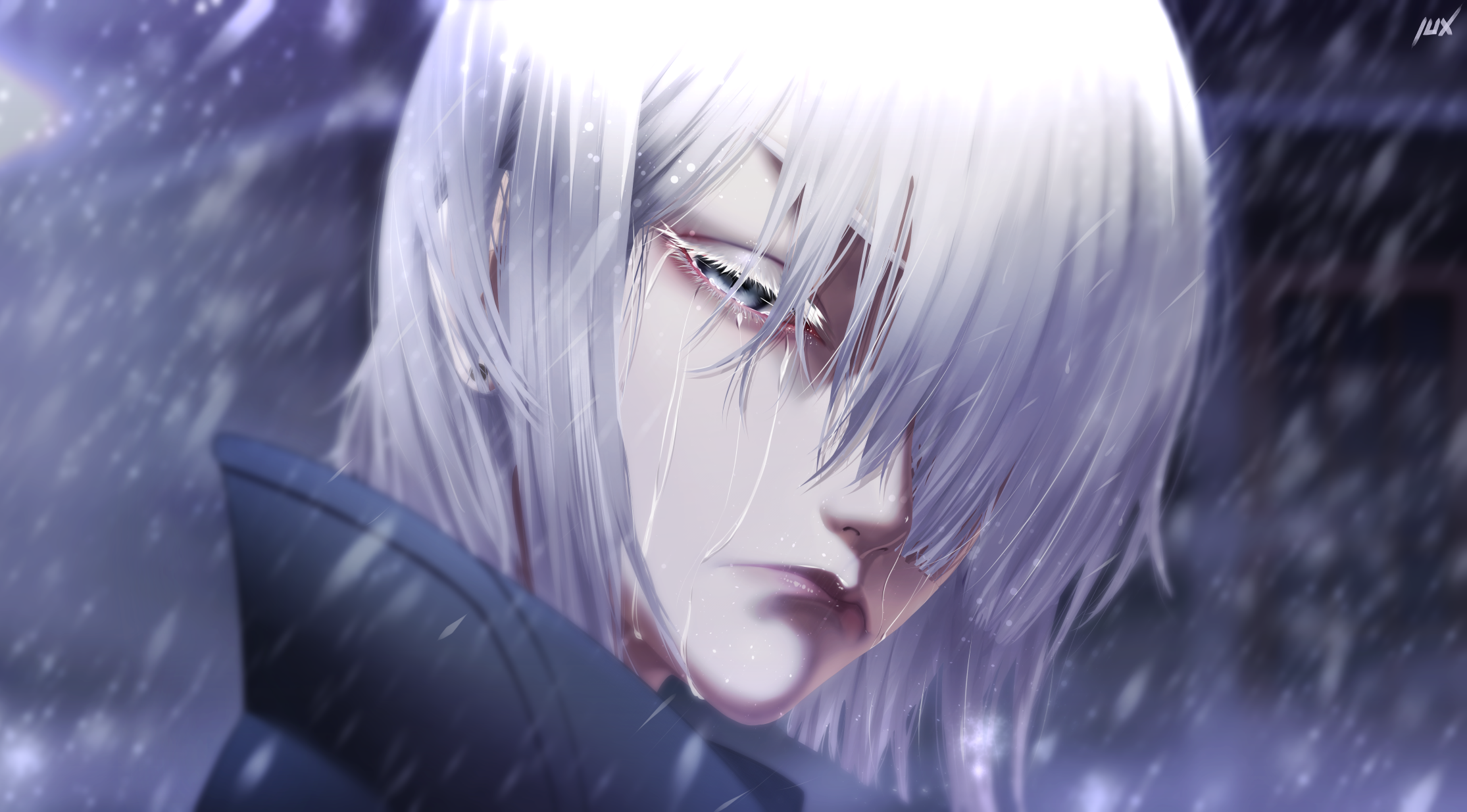illustrator x, fiona frost, spy x family, commentary, commission, english commentary, highres, 1girl, black coat, closed mouth, coat, crying, earrings, frown, grey eyes, grey hair, hair over one eye, jewelry, looking at viewer, medium hair, night, outdoors, rain, solo, stud earrings, tears, wet