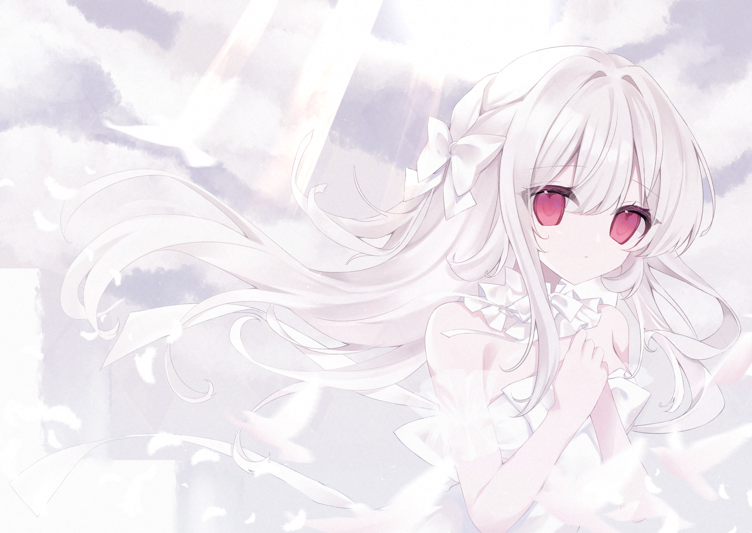 kurumi mashiro, original, commentary, highres, 1girl, bare arms, bird, bow, cloud, collar, detached collar, dress, frilled collar, frills, frown, grey sky, hair bow, light rays, long hair, looking at viewer, red eyes, sky, sleeveless, sleeveless dress, solo, stairs, sunbeam, sunlight, upper body, white bird, white bow, white dress, white hair