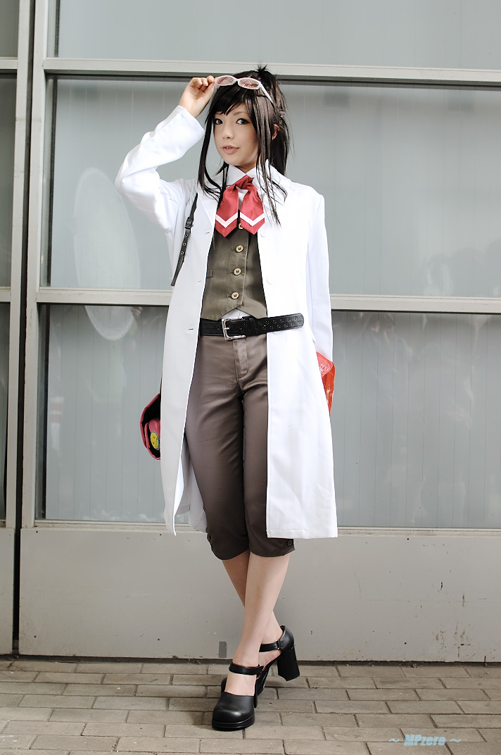 namada, ema skye, ace attorney, apollo justice ace attorney, capcom, photo (medium), 1girl, asian, black hair, black shoes, blue eyes, color contacts, cosplay, ema skye (cosplay), eyewear on head, female focus, full body, high heels, lab coat, long hair, looking at viewer, outdoors, shoes, solo, standing, sunglasses, vest