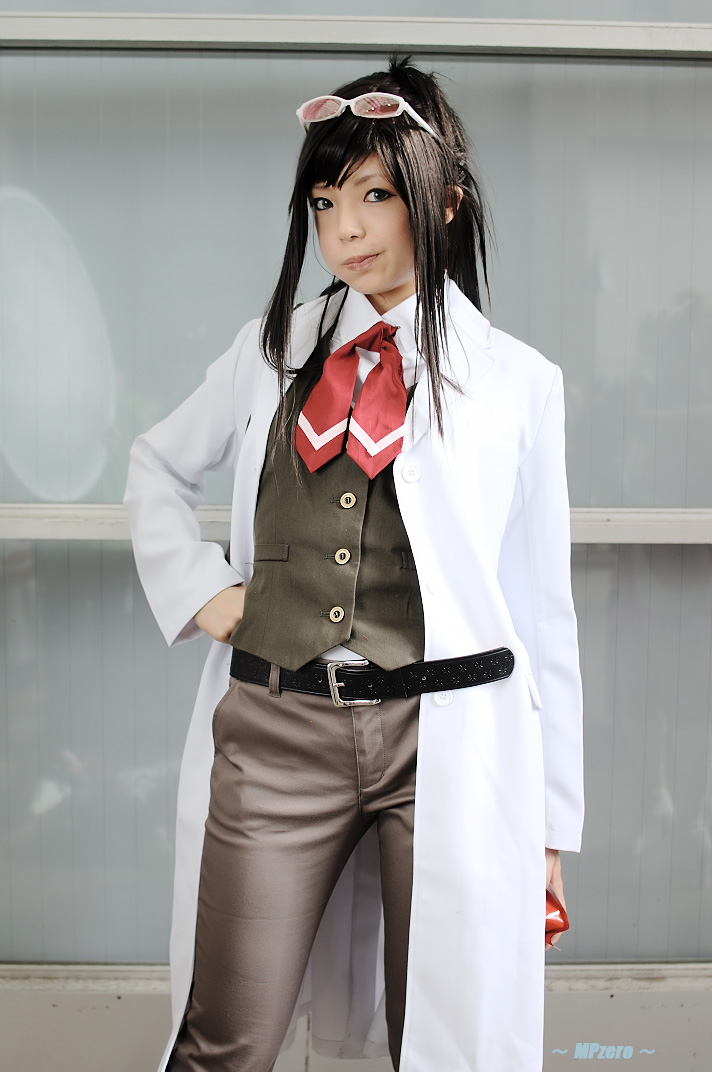 namada, ema skye, ace attorney, apollo justice ace attorney, capcom, photo (medium), 1girl, :t, asian, black hair, blue eyes, color contacts, cosplay, ema skye (cosplay), eyewear on head, female focus, hand on own hip, lab coat, long hair, looking at viewer, outdoors, solo, sunglasses, vest