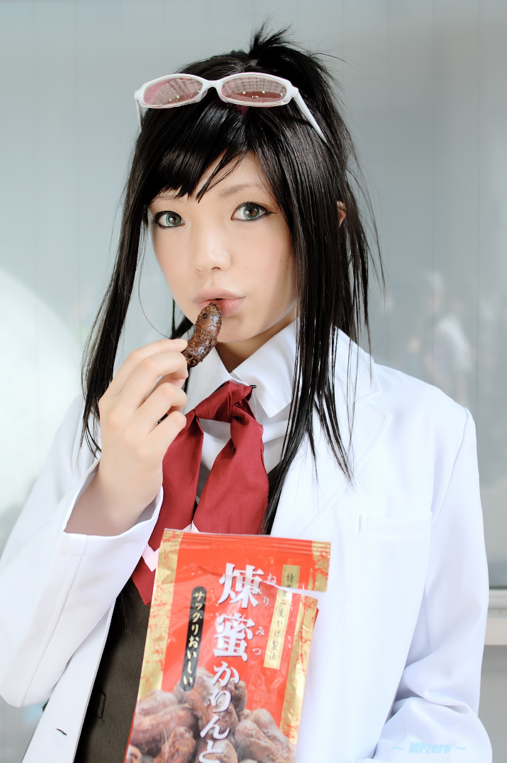 namada, ema skye, ace attorney, apollo justice ace attorney, capcom, photo (medium), 1girl, asian, black hair, blue eyes, color contacts, cosplay, ema skye (cosplay), eyewear on head, female focus, food, lab coat, long hair, looking at viewer, outdoors, solo, sunglasses, vest