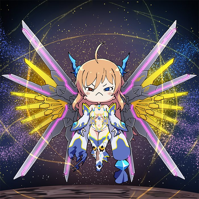 taimanun, onizaki kirara, onizaki kirara (future), taimanin (series), taimanin rpgx, highres, parody request, 1girl, :<, blonde hair, breasts, chibi, flying, heterochromia, large breasts, leotard, long hair, looking at viewer, mechanical wings, parody, revealing clothes, serious, space, thong leotard, wide hips, wings
