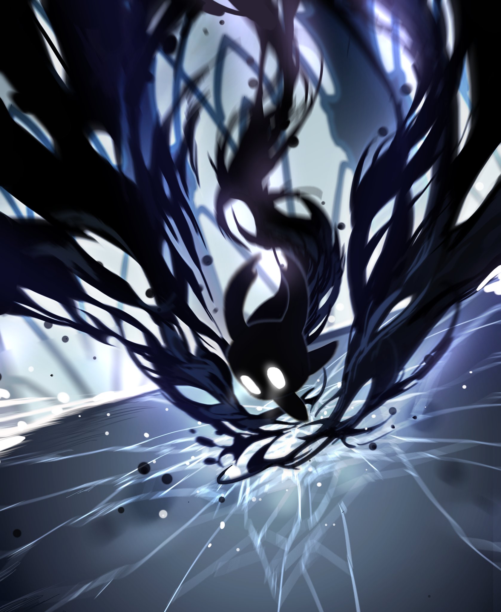darkdog, knight (hollow knight), shade (hollow knight), hollow knight, highres, 1other, aura, black skin, blank eyes, colored skin, crack, cracked floor, dark aura, glowing, glowing eyes, horns, solo, white eyes