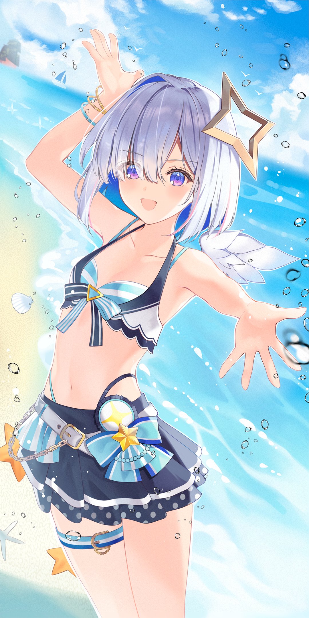 amane kanata, hololive, highres, angel, angel wings, bikini, feathered wings, halo, hololive summer 2023 swimsuit, rururuka 1015, single hair intake, star halo, swimsuit, virtual youtuber, wings