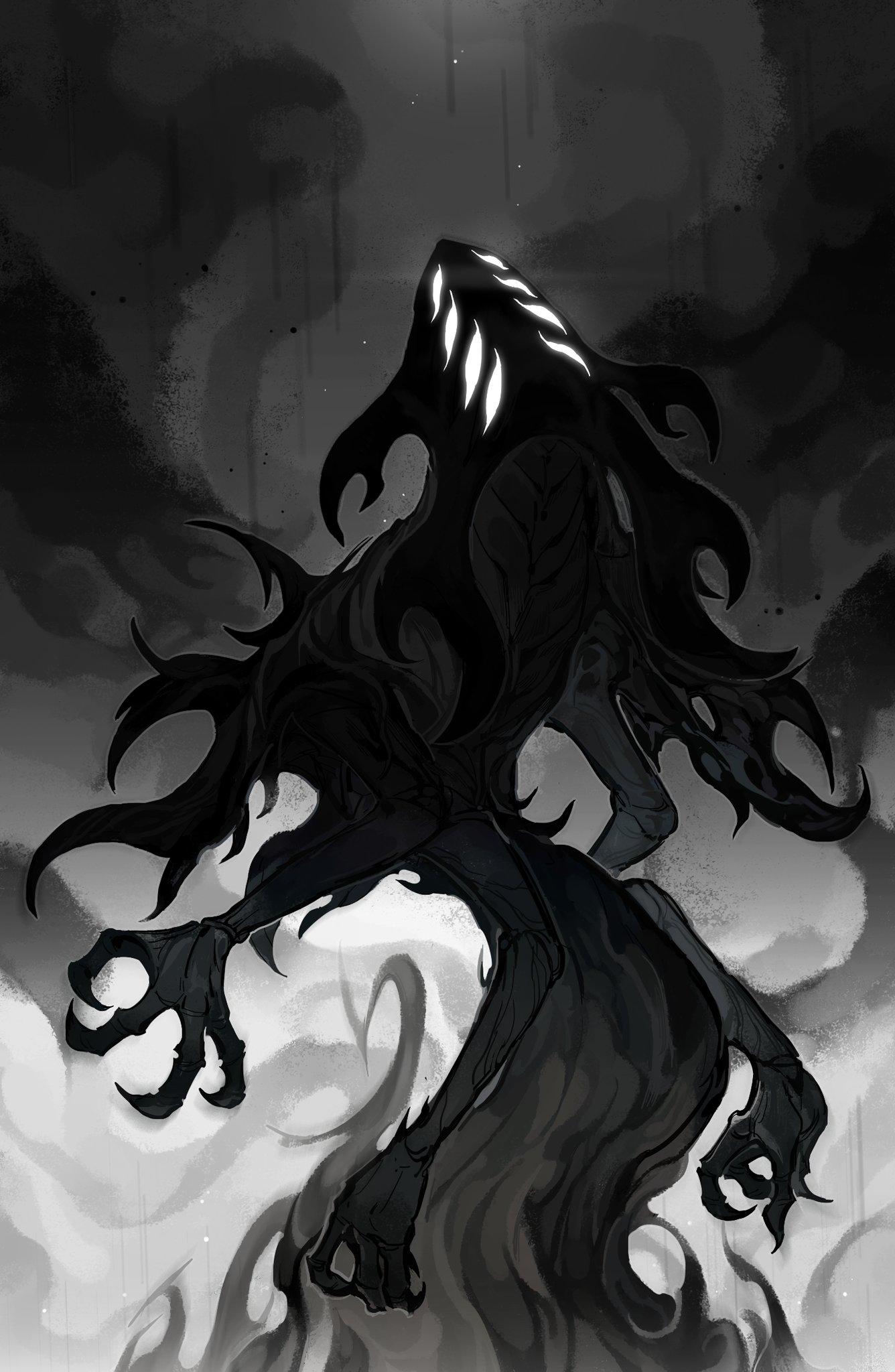 darkdog, void entity (hollow knight), hollow knight, highres, 1other, blank eyes, darkness, extra eyes, greyscale, looking up, monochrome, monster, solo, white eyes