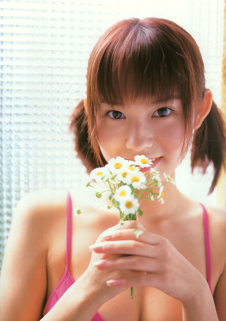 ichikawa yui, photo (medium), tagme, 1girl, asian, bikini, bikini top only, bouquet, female focus, flower, indoors, looking at viewer, pink bikini, solo, swimsuit, twintails
