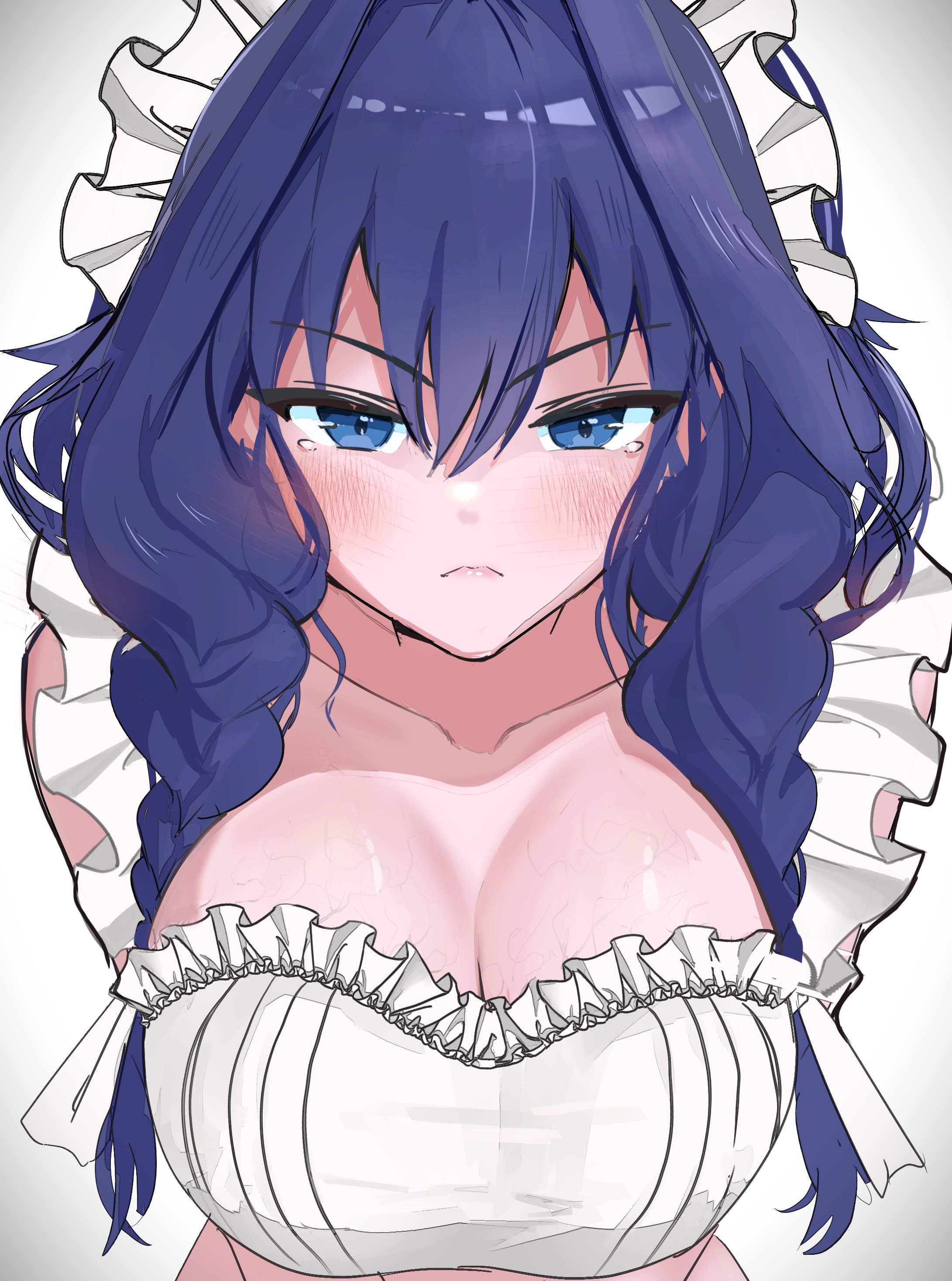 katosh, ouro kronii, ouro kronii (maid), hololive, hololive english, absurdres, highres, 1girl, apron, blue eyes, braid, breasts, closed mouth, frown, large breasts, long hair, low twin braids, maid apron, official alternate costume, official alternate hairstyle, solo, tearing up, twin braids, virtual youtuber, white apron