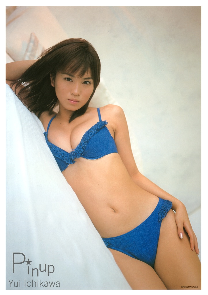 ichikawa yui, photo (medium), 1girl, artist name, asian, bed, bikini, blue bikini, breasts, dutch angle, female focus, frills, indoors, lying, medium breasts, on side, solo, swimsuit