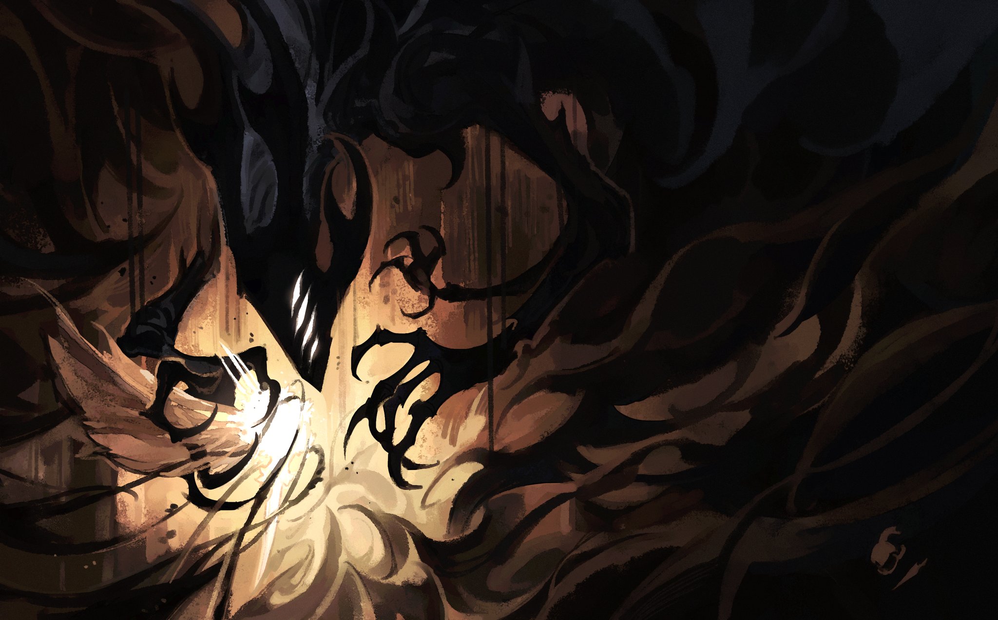 darkdog, radiance (hollow knight), void entity (hollow knight), hollow knight, highres, 1girl, 1other, blank eyes, darkness, extra eyes, extra hands, glowing, holding, horns, looking at another, size difference, white eyes, wings