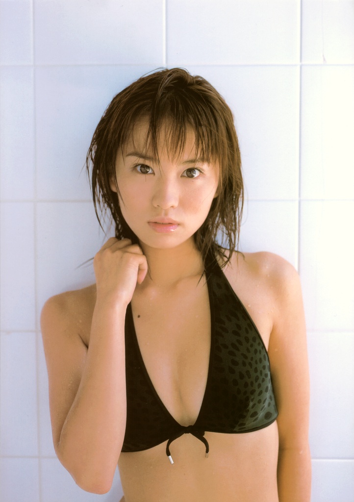 ichikawa yui, wall, photo (medium), tagme, 1girl, animal print, asian, bikini, bikini top only, brown hair, female focus, front-tie bikini top, front-tie top, indoors, leopard print, looking at viewer, mole, short hair, solo, swimsuit, tile wall, tiles