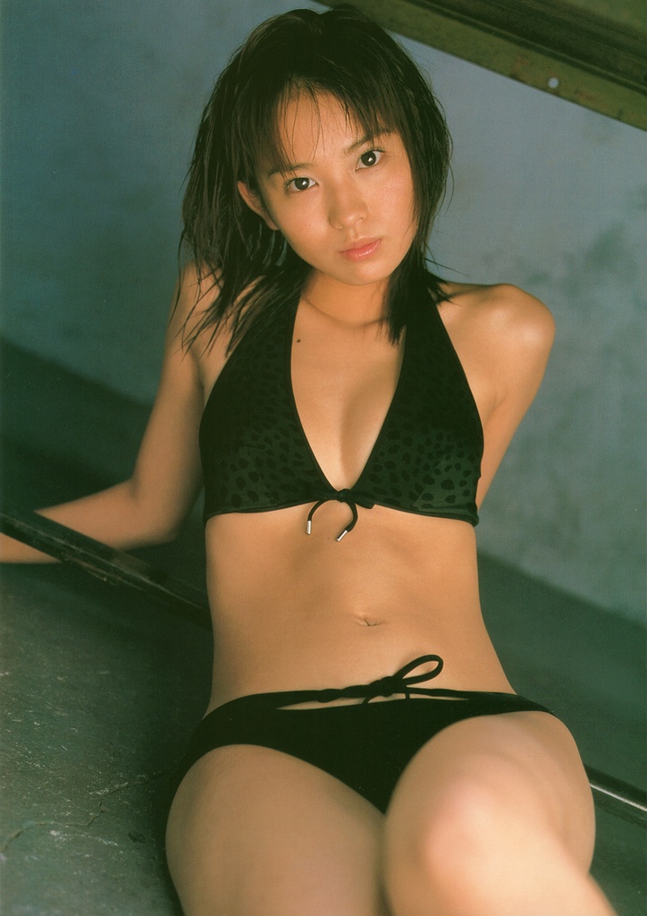 ichikawa yui, photo (medium), 1girl, animal print, asian, bikini, dutch angle, female focus, indoors, leopard print, looking at viewer, mole, solo, swimsuit